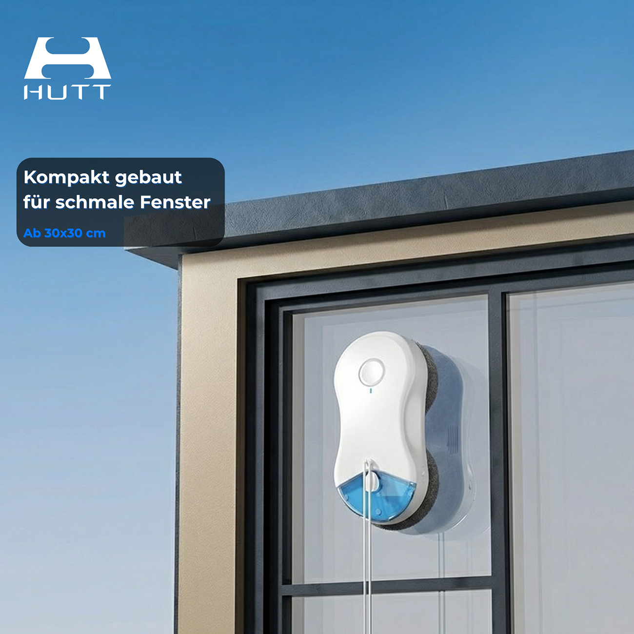 Ein weißer Fensterreinigungsroboter saugt an einem Fenster, mit Hutt-Logo.