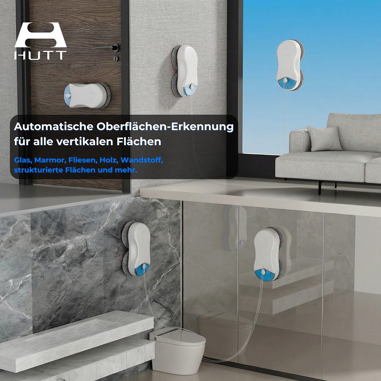 HUTT Roboter reinigt Glas, Marmor, Fliesen und mehr an vertikalen Flächen.