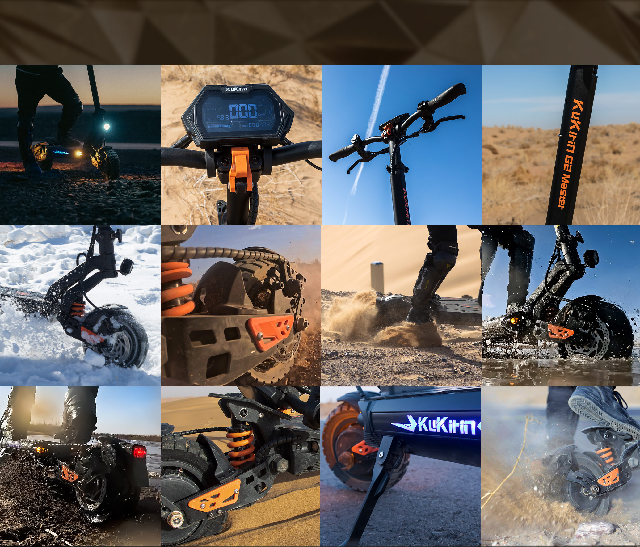 Ein E-Scooter fährt auf verschiedenen Untergründen wie Sand, Schnee und Wasser.