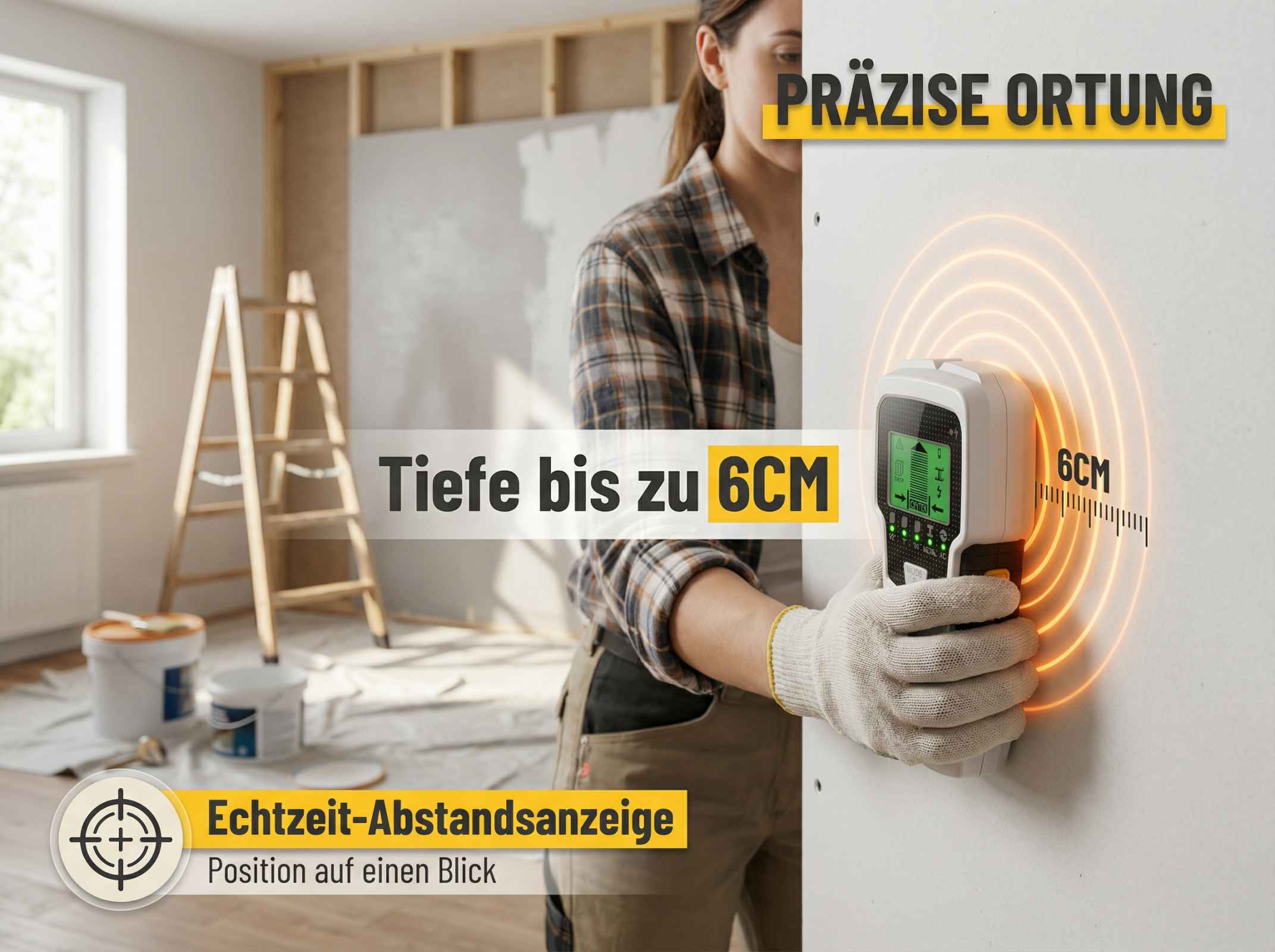 Gerät misst präzise Tiefe bis 6cm an Wand. Werkzeug im Einsatz.