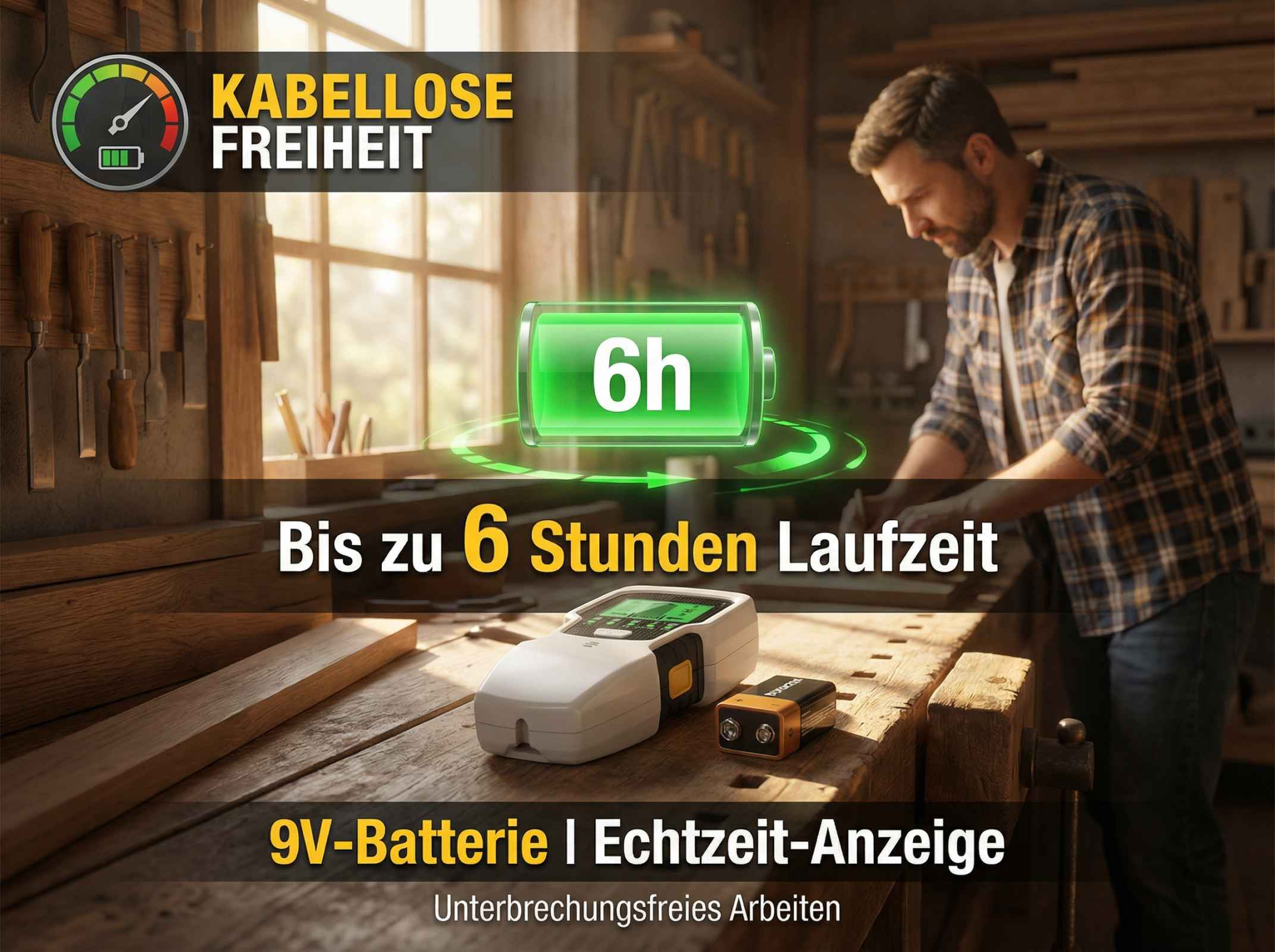 Werkstatt mit Mann, Messgerät, Batterie und Text über 6h Laufzeit.