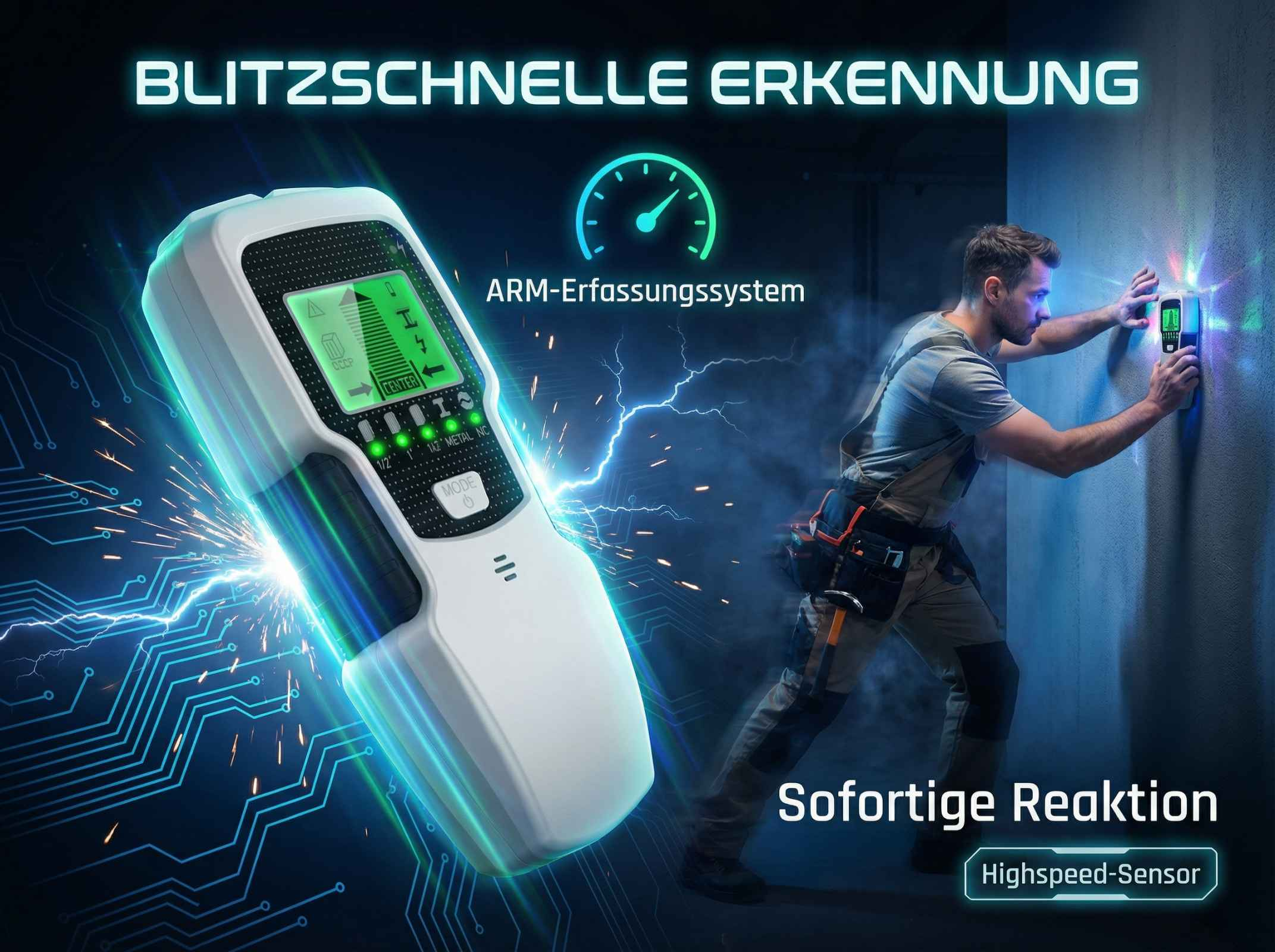 Ein Mann benutzt einen Wandscanner, der Metall erkennt. Blitzende Lichter.