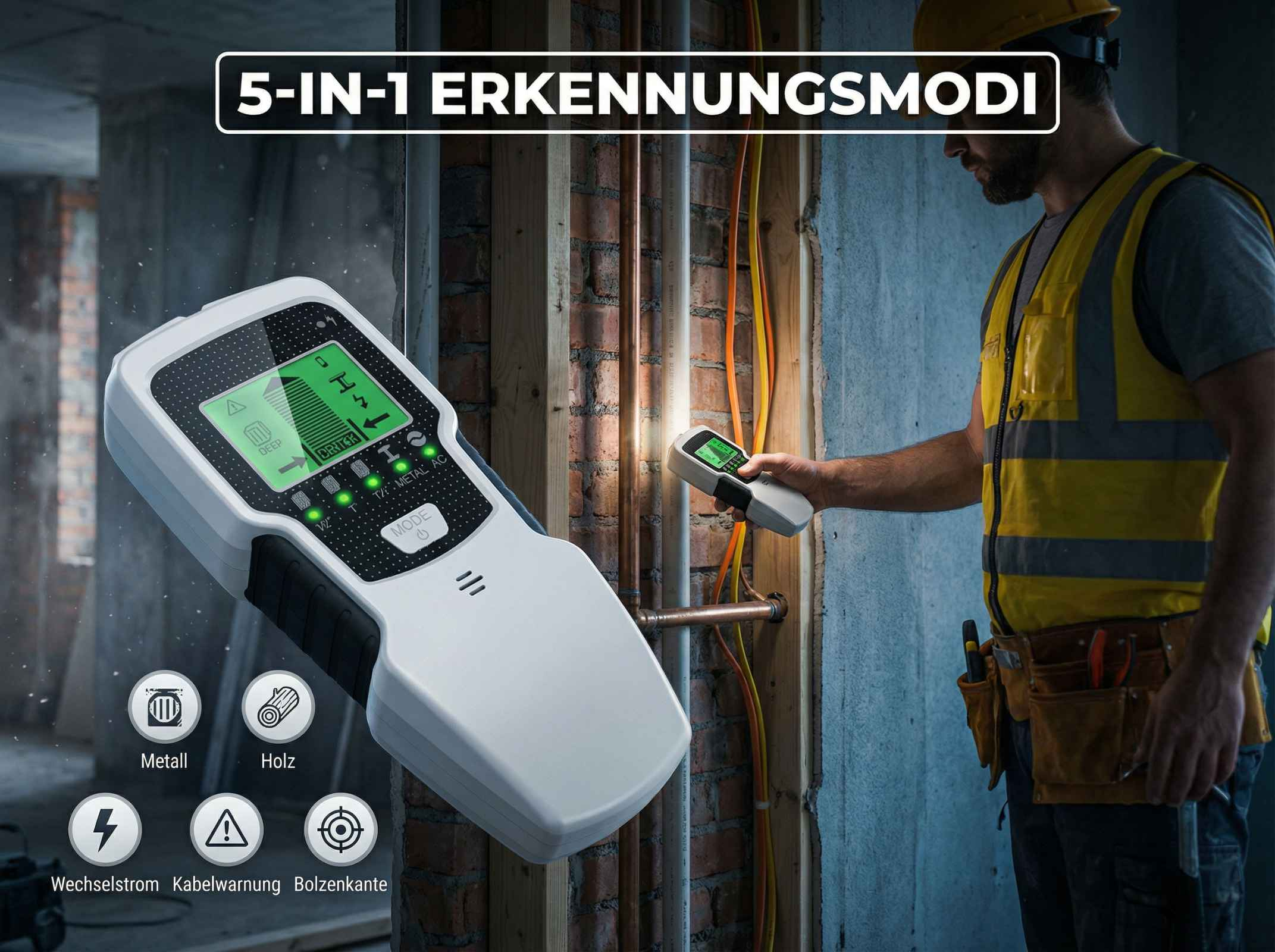 Ein Bauarbeiter prüft eine Wand mit einem 5-in-1 Detektor. Metall, Holz, Kabel.