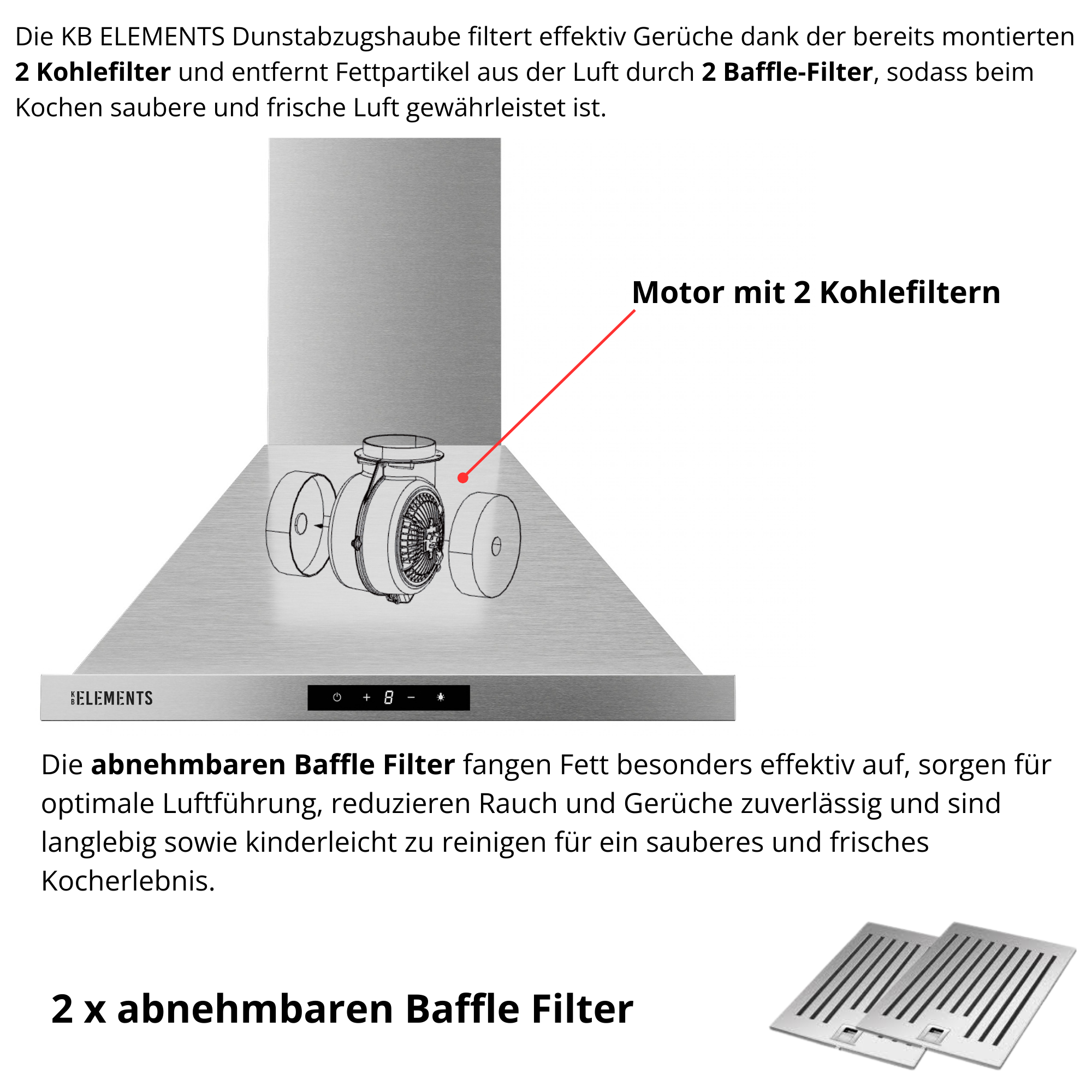 Edelstahl-Dunstabzugshaube mit Motor und 2 Kohlefiltern, 2 Baffle-Filtern.