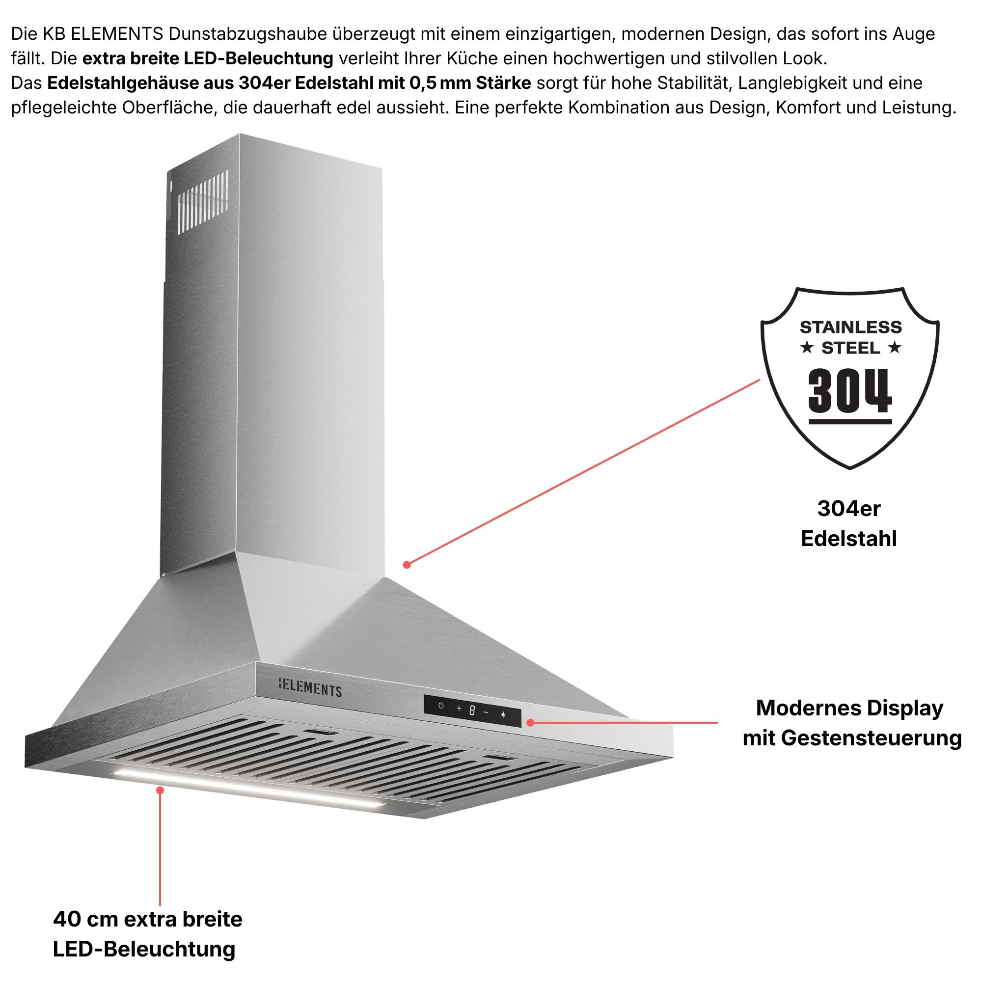 Edelstahl Dunstabzugshaube mit LED-Beleuchtung und modernem Display.