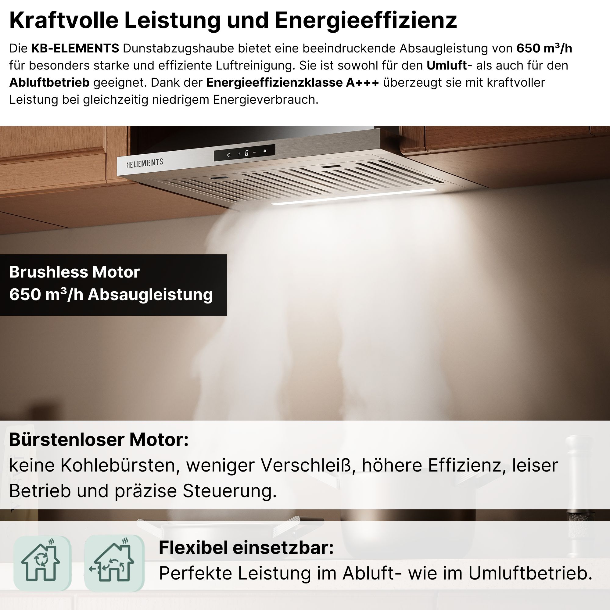 Edelstahl Dunstabzugshaube mit Beleuchtung und Touch-Bedienfeld.