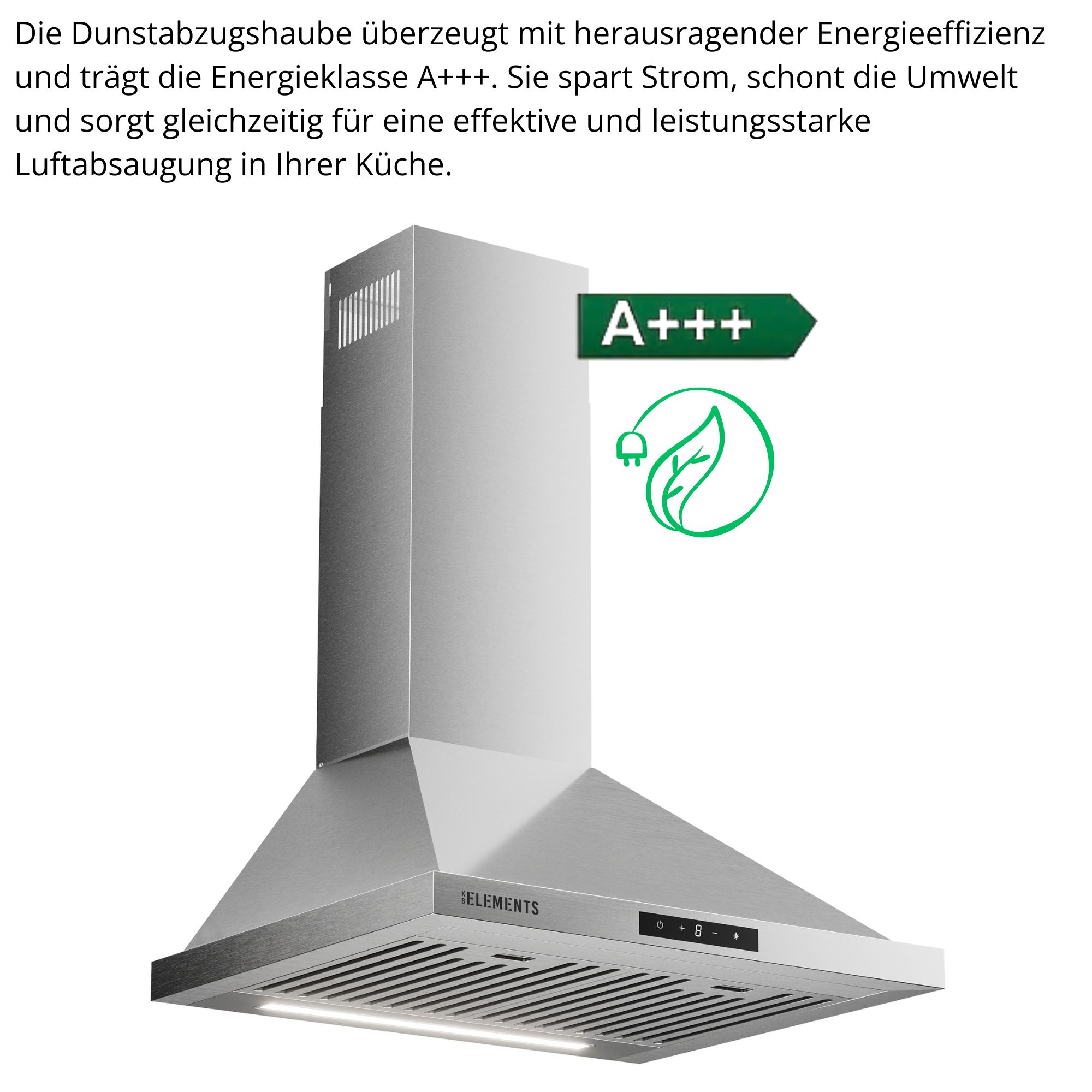 Edelstahl Dunstabzugshaube mit A+++ Energieeffizienz und Blatt-Symbol.