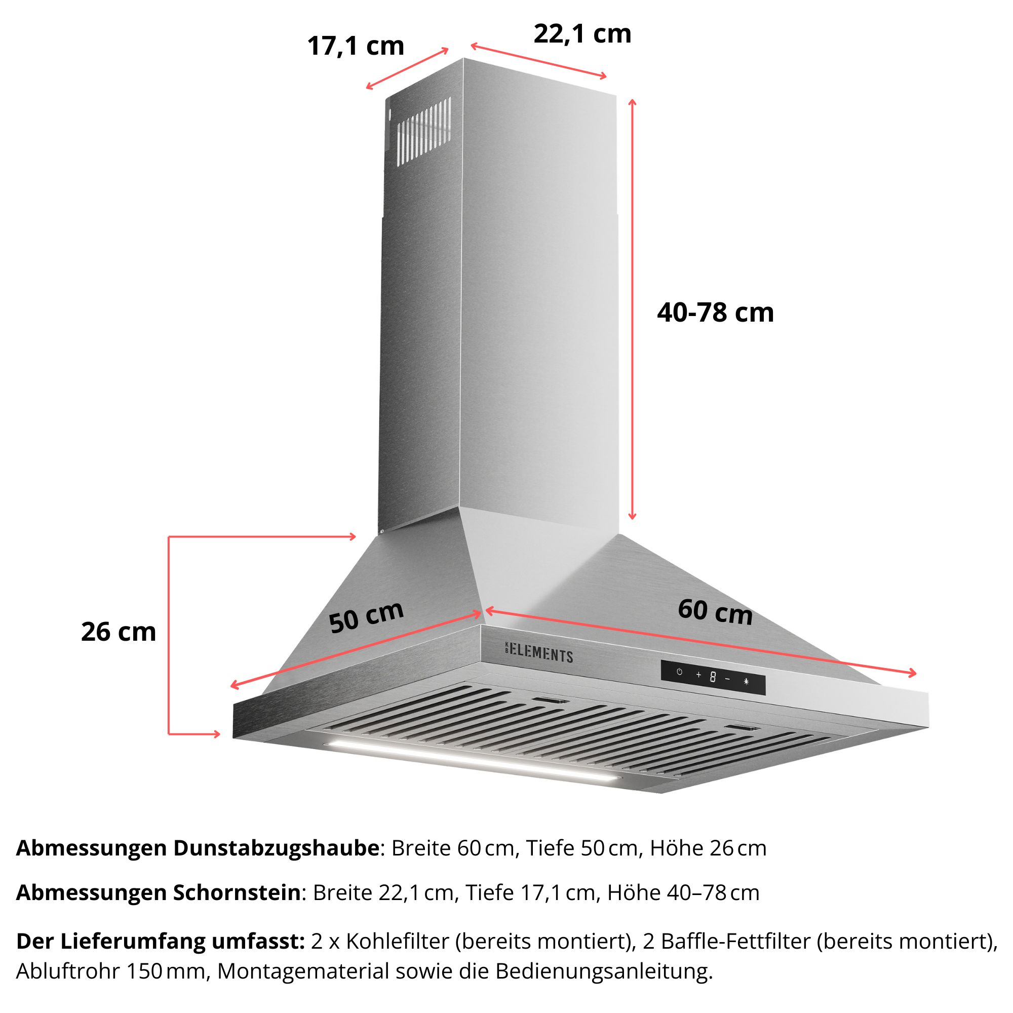 Edelstahl-Dunstabzugshaube mit Maßen und Bedienelementen.