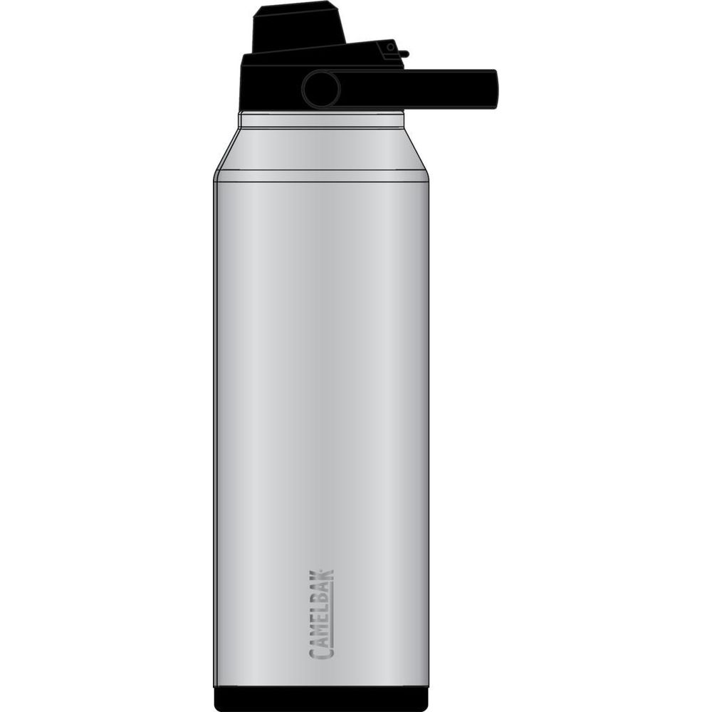 Eine silberne Camelbak-Wasserflasche mit schwarzem Deckel und Strohhalm.