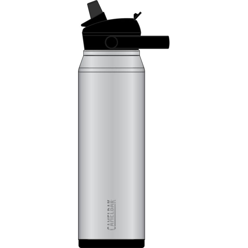 Graue Camelbak-Wasserflasche mit schwarzem Deckel und Strohhalm.