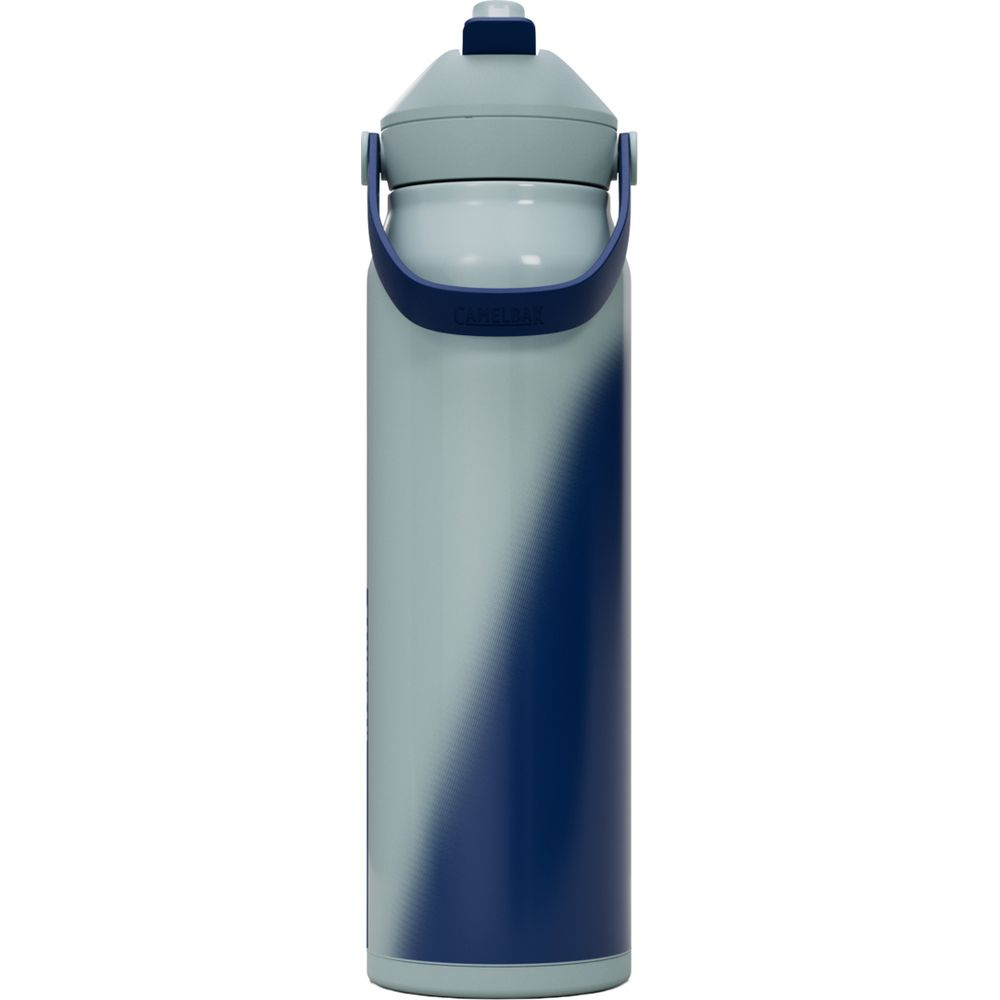 Graue und blaue CamelBak-Wasserflasche mit Tragegriff.