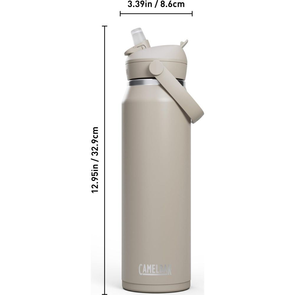 Beige Camelbak-Flasche mit Tragegriff und ausklappbarem Strohhalm.