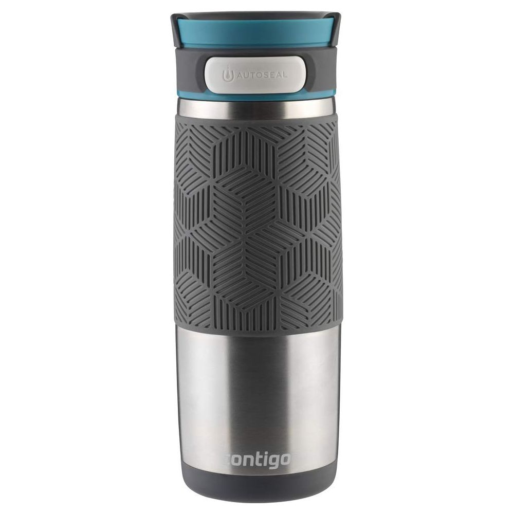 Ein Contigo-Reisebecher mit grauem Texturgriff, Edelstahlbasis und blauem Deckel.