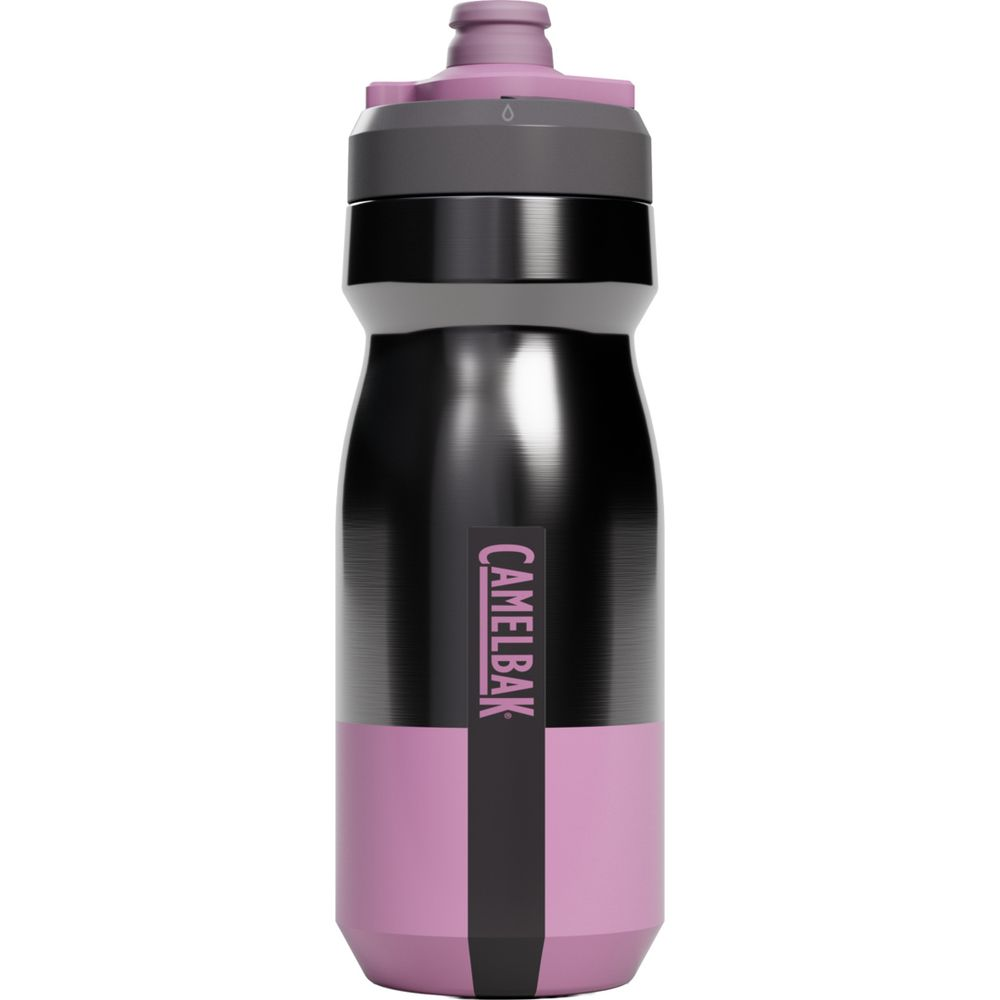 Eine schwarze und rosa Camelbak-Trinkflasche mit grauem Deckel und pinkem Mundstück.