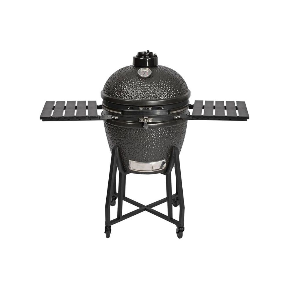 Un barbecue en céramique noir avec tables latérales rabattables et un thermomètre.