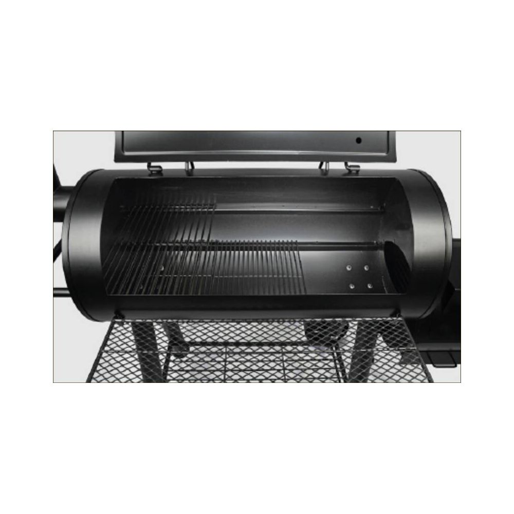 Fumoir barbecue noir avec couvercle ouvert, montrant deux grilles à l'intérieur.