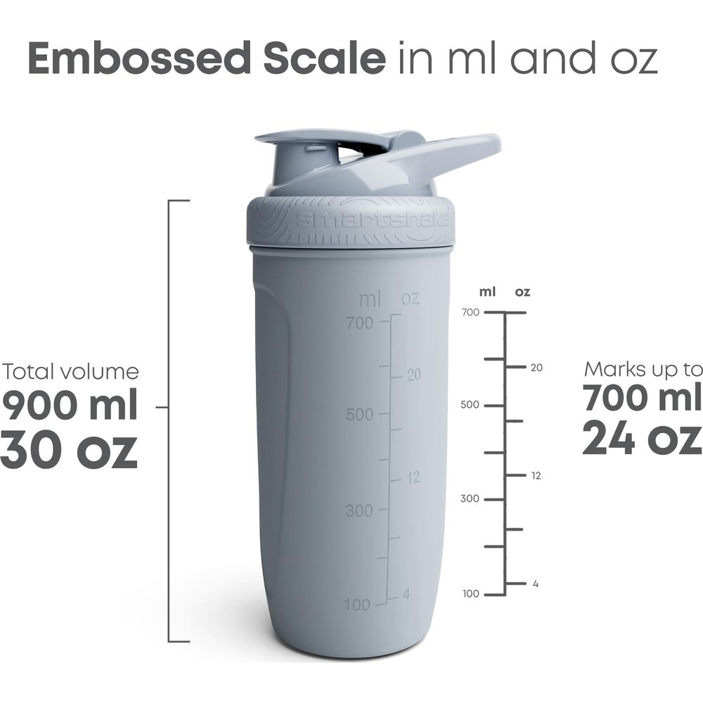 Grauer Smartshake mit ml/oz-Skala. Gesamtvolumen 900ml/30oz. Markierungen bis 700ml/24oz.