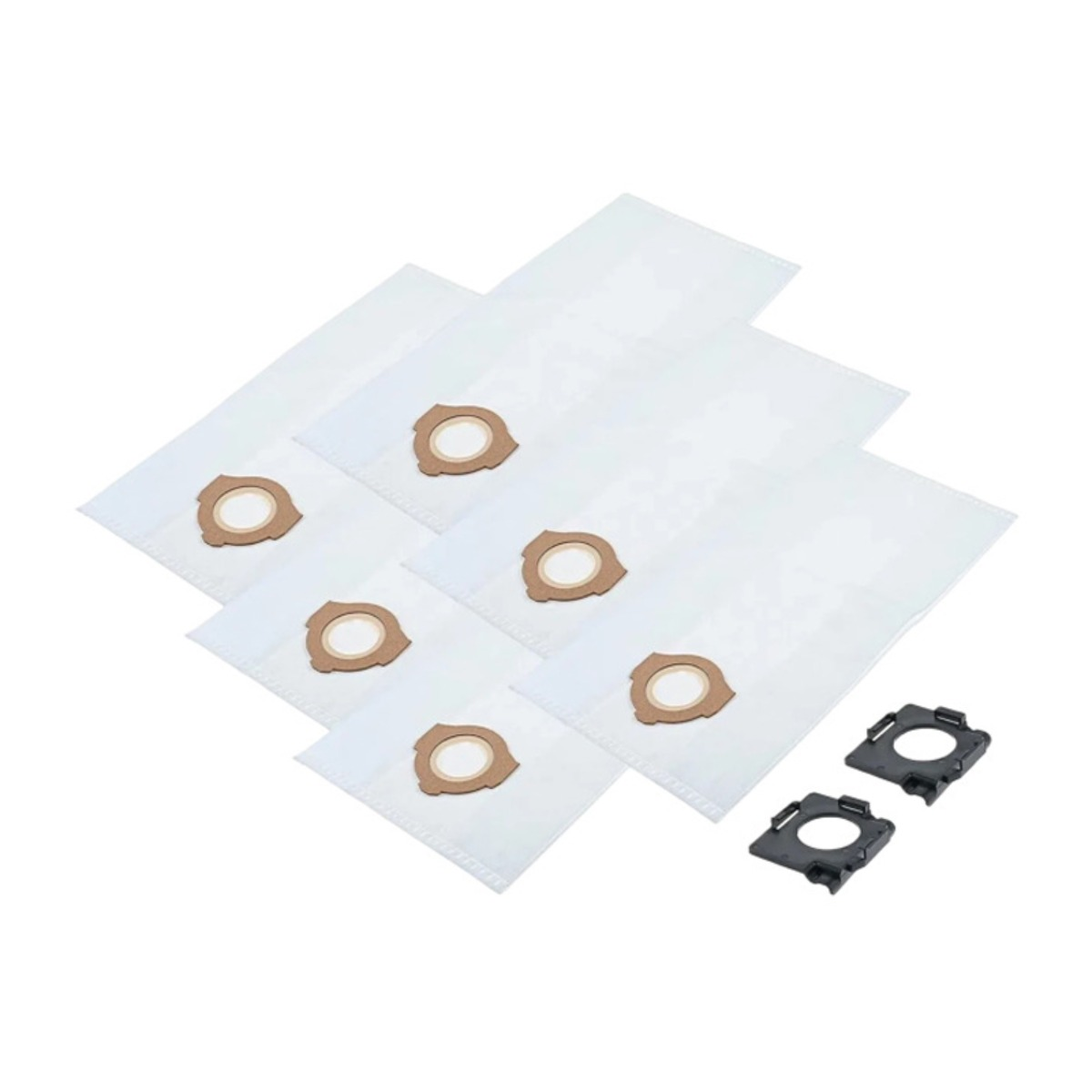 Sechs weiße Staubsaugerbeutel mit braunen Ringen und zwei schwarze Clips.