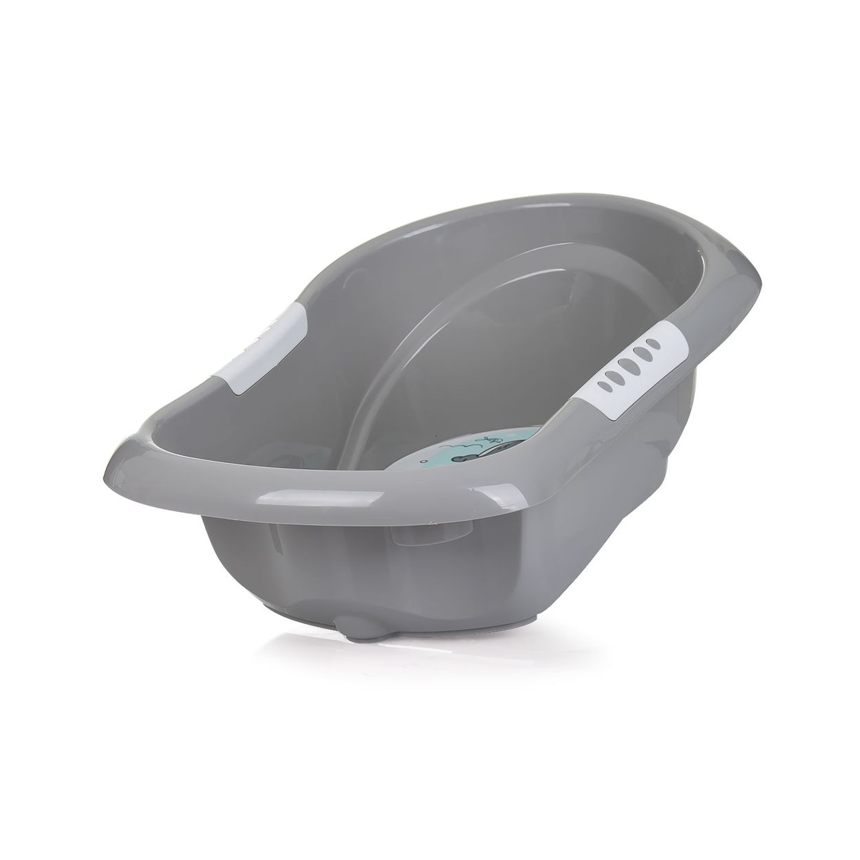 Graue Babybadewanne mit weißen Akzenten und einem Walmotiv auf dem Boden.