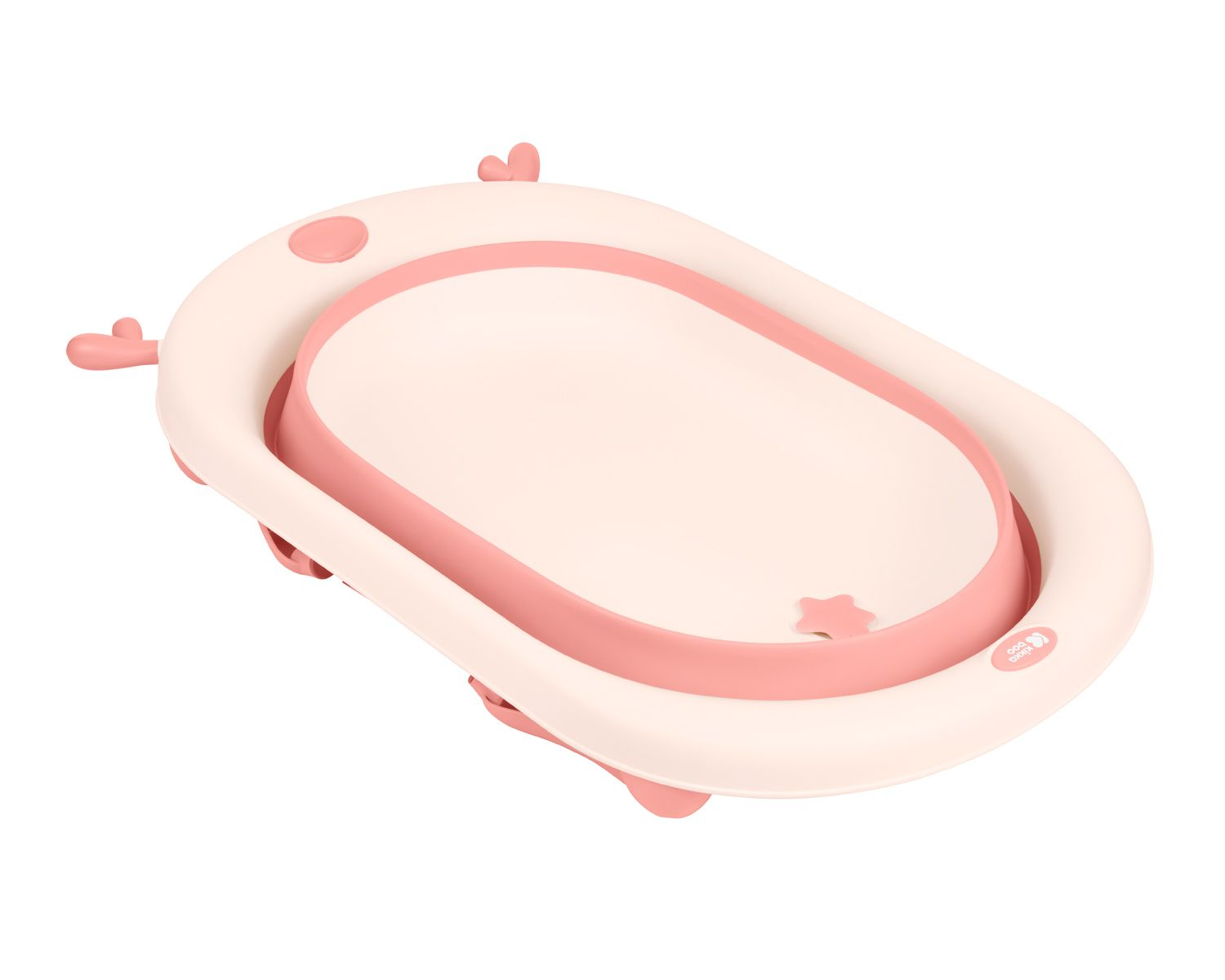 Ein rosa und weiße Babybadewanne in Form eines Entchens.