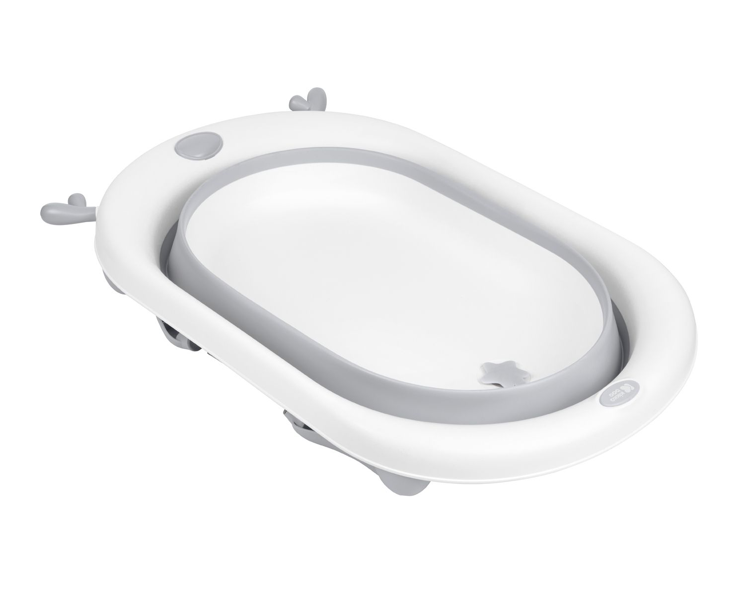 Ein weißer und grauer faltbarer Babybadewanne mit Tierohren.