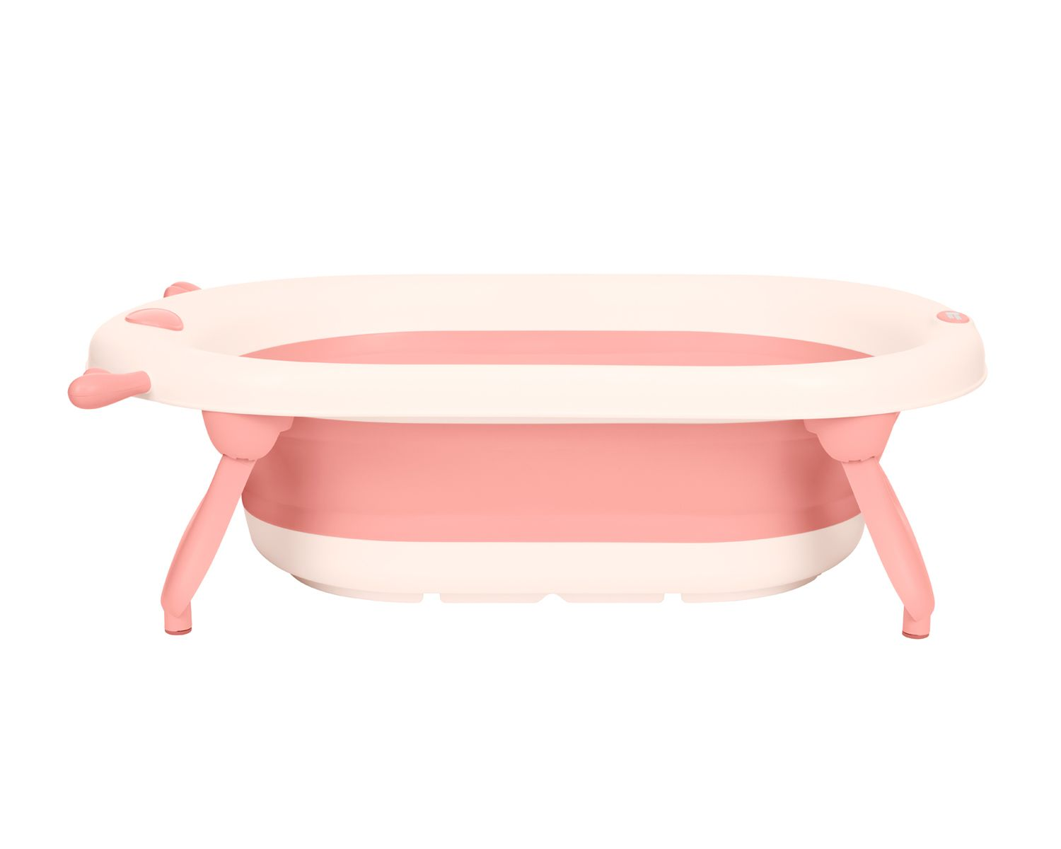 Ein zusammenklappbarer rosa und weißer Babybadewanne mit Beinen.