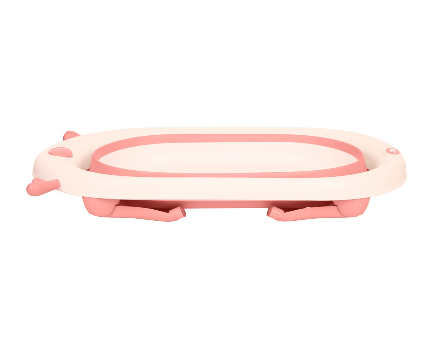 Eine rosa und cremefarbene Babybadewanne mit Beinen.