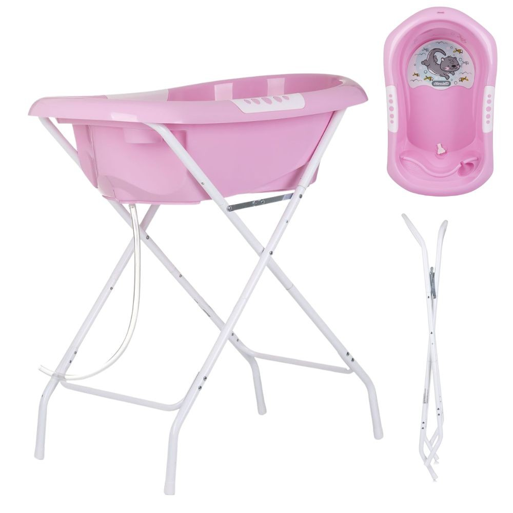 Ein rosa Babybadewanne auf einem weißen Klappgestell, daneben eine leere Wanne und das Gestell zusammengeklappt.