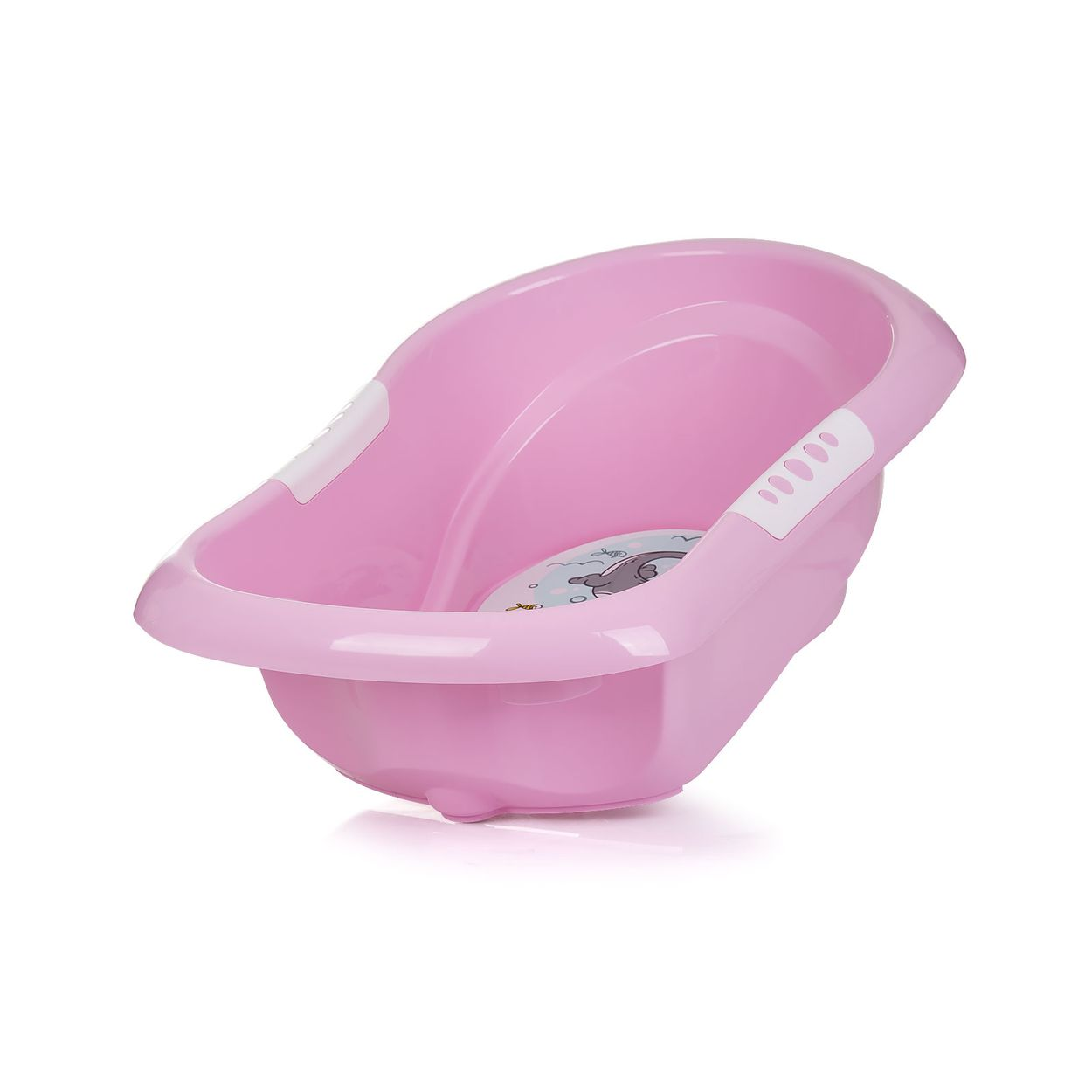 Eine rosa Babybadewanne mit einem Delfinmotiv auf dem Boden.