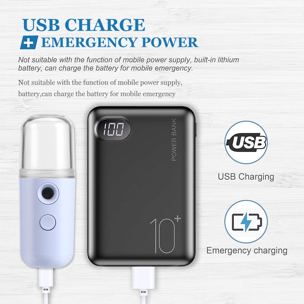 Ein tragbares Ladegerät mit einem Gesichtssprühgerät und USB-Ladeanzeige.