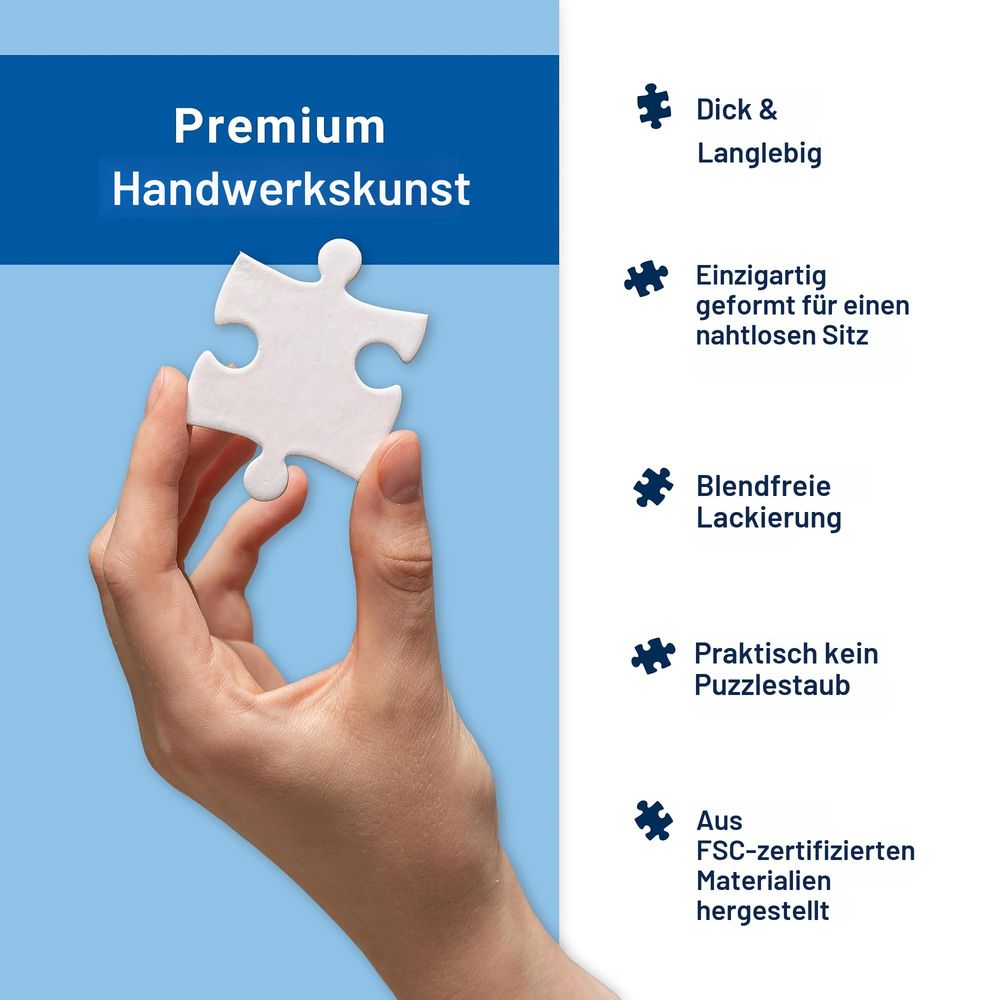 Una mano tiene un pezzo di puzzle bianco su sfondo blu con testo.