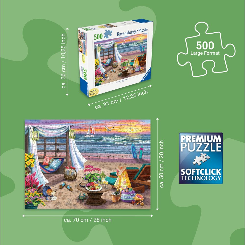 Un puzzle Ravensburger da 500 pezzi con scena di spiaggia, misura 70x50cm.