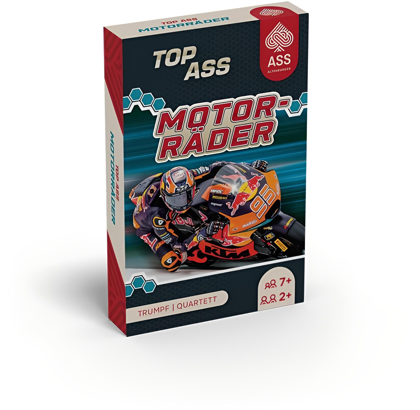 Verpackung des Kartenspiels 'Top Ass Motorräder' mit einem Rennfahrer auf einer KTM.