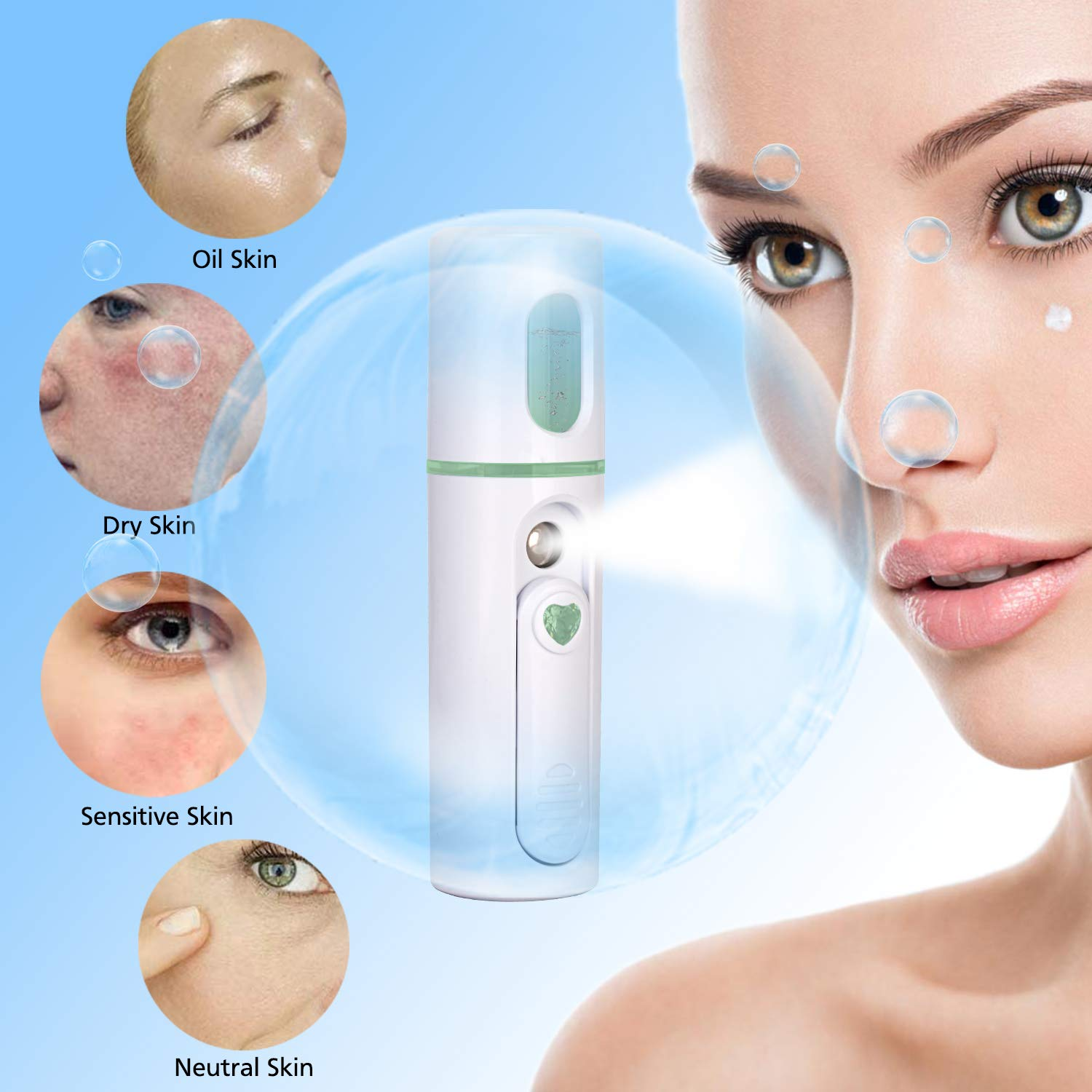Ein Gesichtsspray mit Hauttypen-Illustrationen.