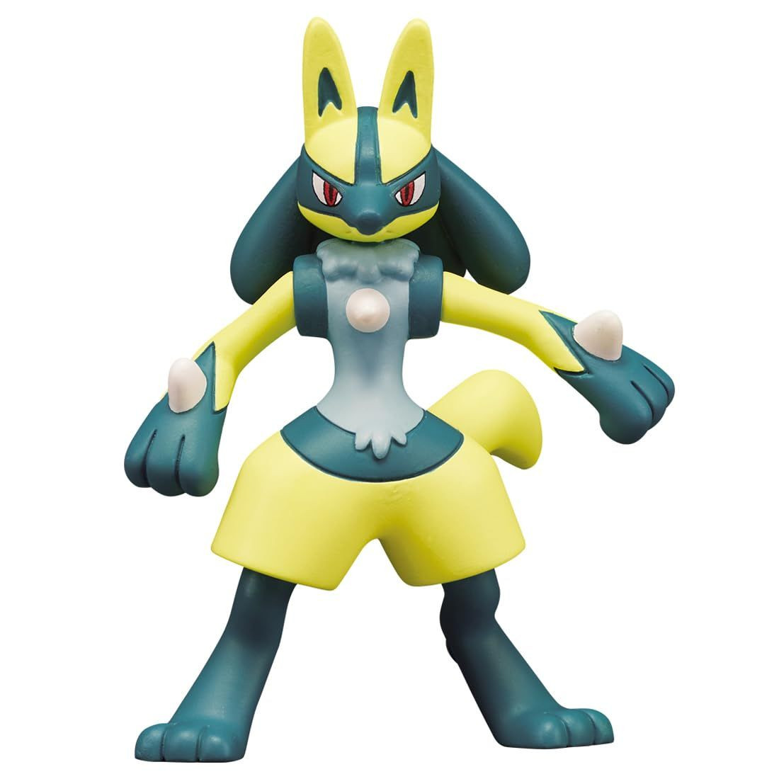 Eine grüne und gelbe Pokémon-Figur mit roten Augen und spitzen Ohren.