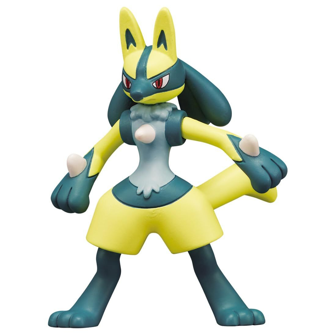 Eine Actionfigur von Lucario, einem Pokémon, steht im Profil. Es ist blaugrün und gelb.