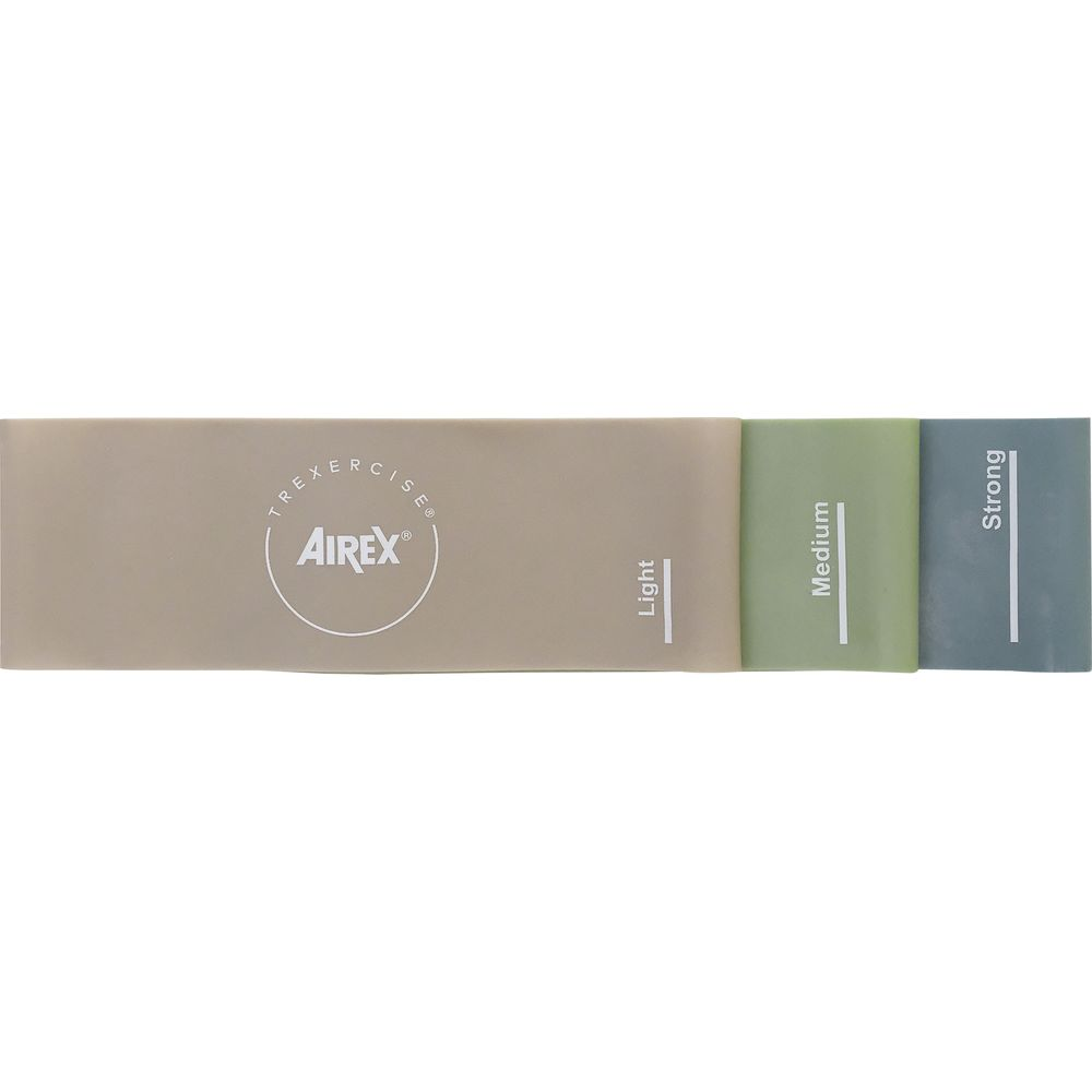 Drei Airex Widerstandsbänder: Hell (beige), Mittel (grün), Stark (blau).