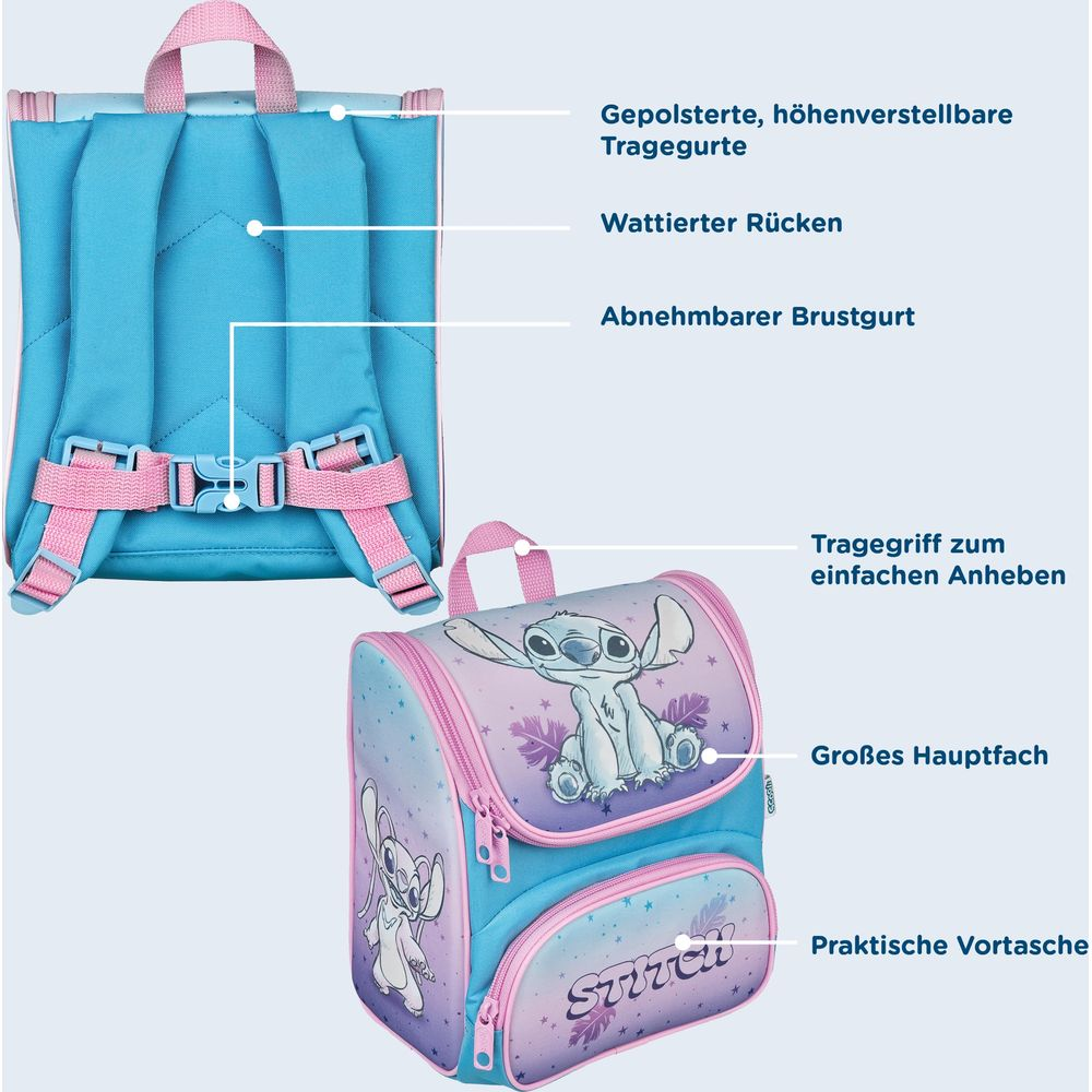 Uno zaino per bambini blu con spallacci rosa e motivo Stitch. Vista dall'alto del retro.