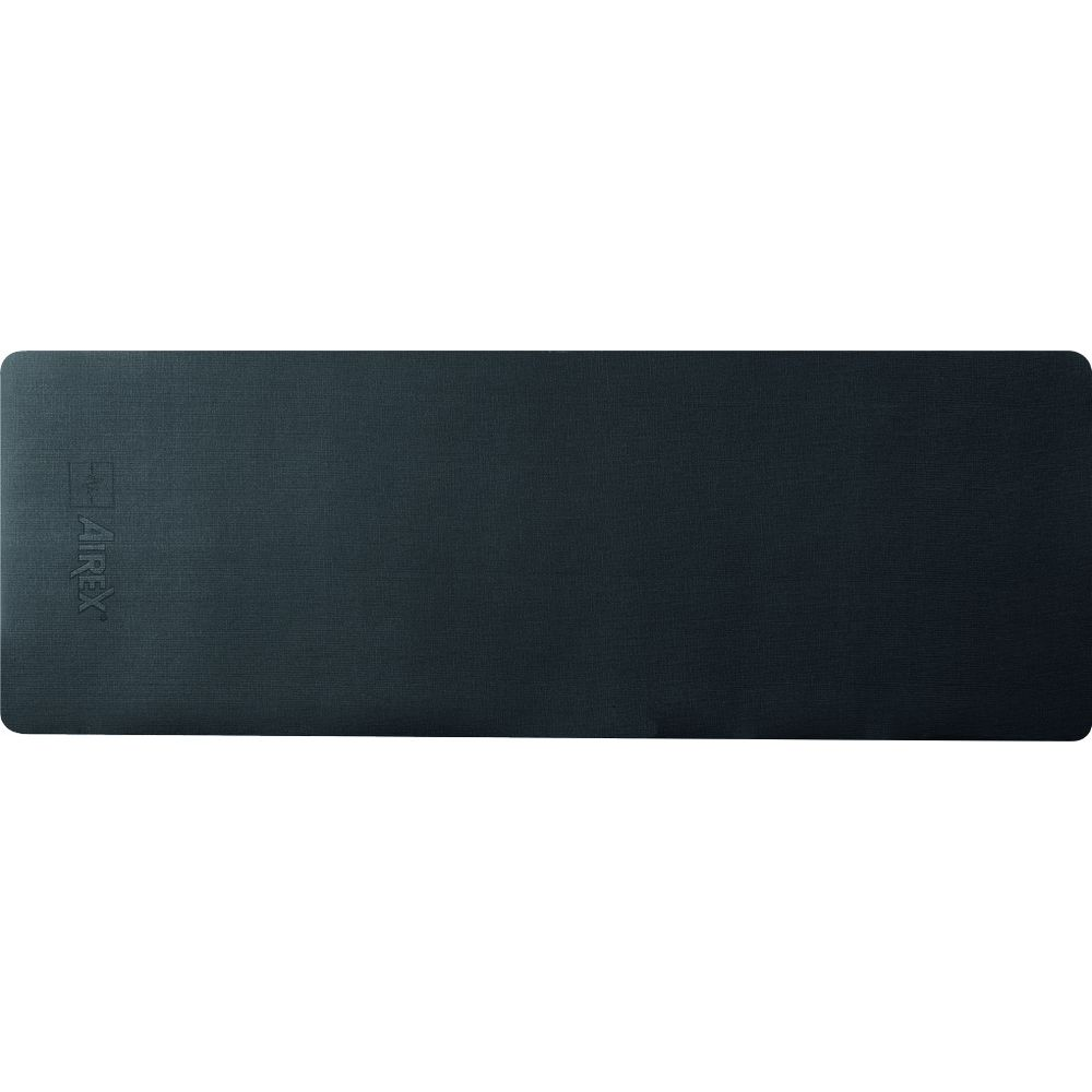 Tapis de yoga Airex gris foncé posé à plat. Texture visible.