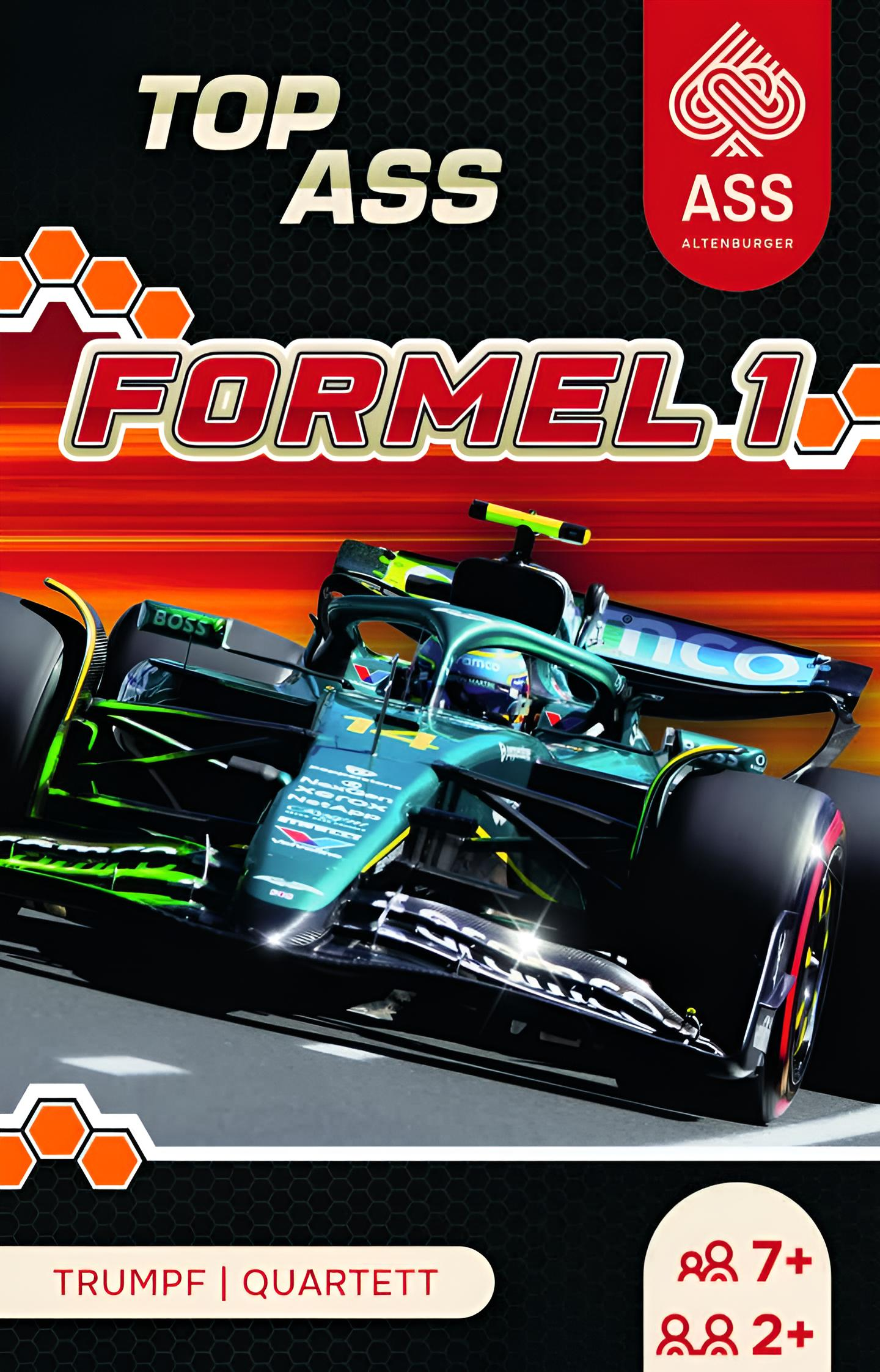 Formel 1 Rennwagen in Türkis mit gelben Akzenten fährt auf einer Rennstrecke.