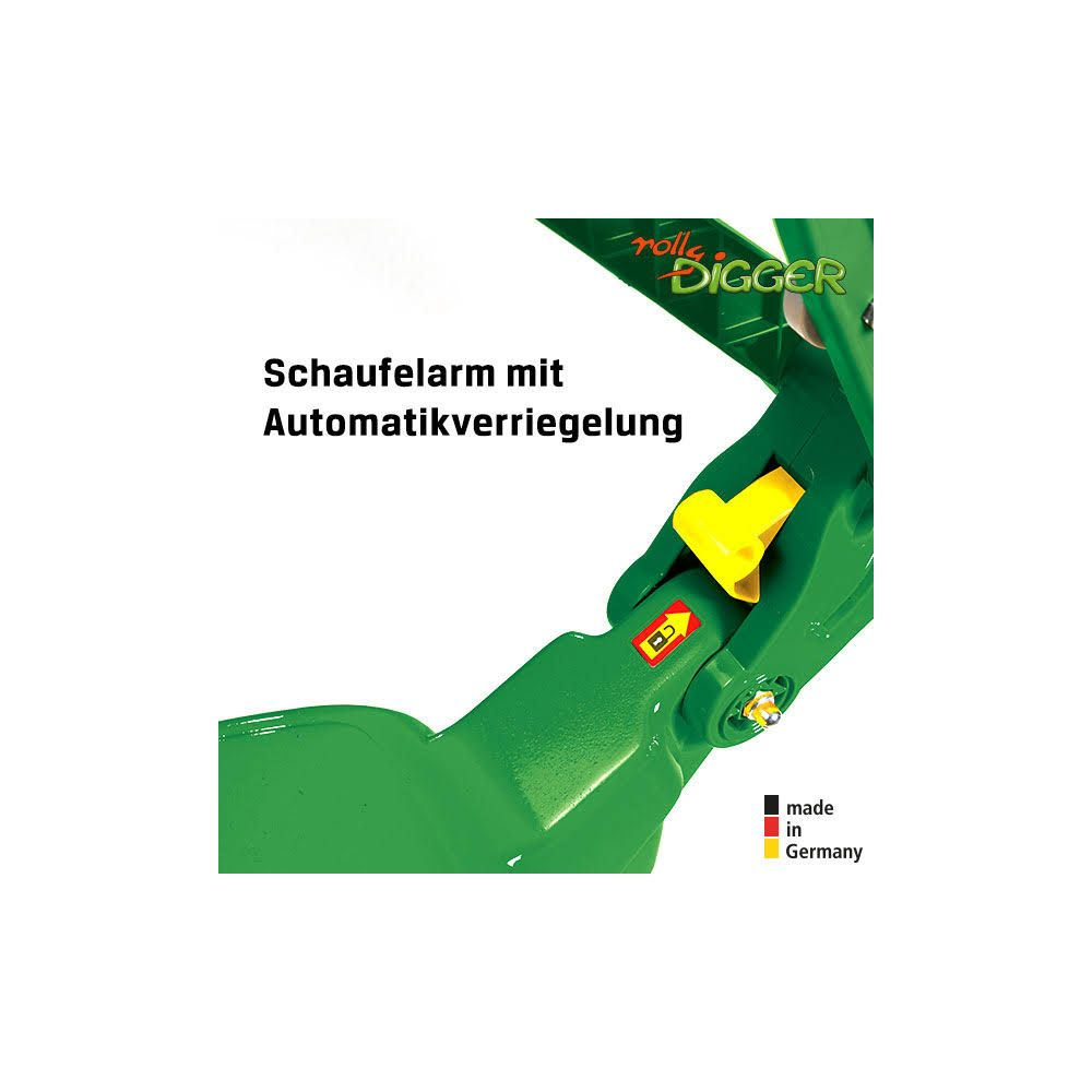 Grüner Baggerarm mit gelbem Hebel und deutscher Flagge. Text auf Deutsch.