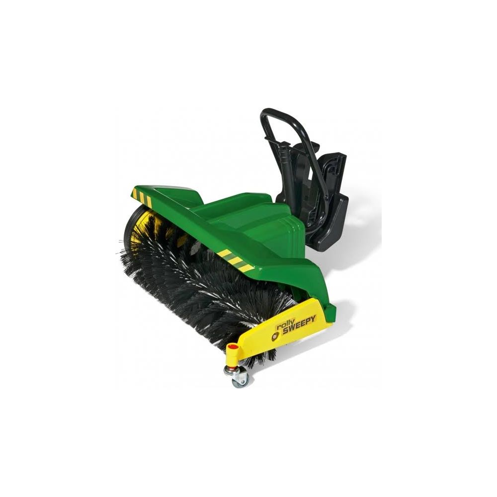 Grüner Kehrbesen mit schwarzer Bürste und Rädern, beschriftet mit 'rolly SWEEPY'.