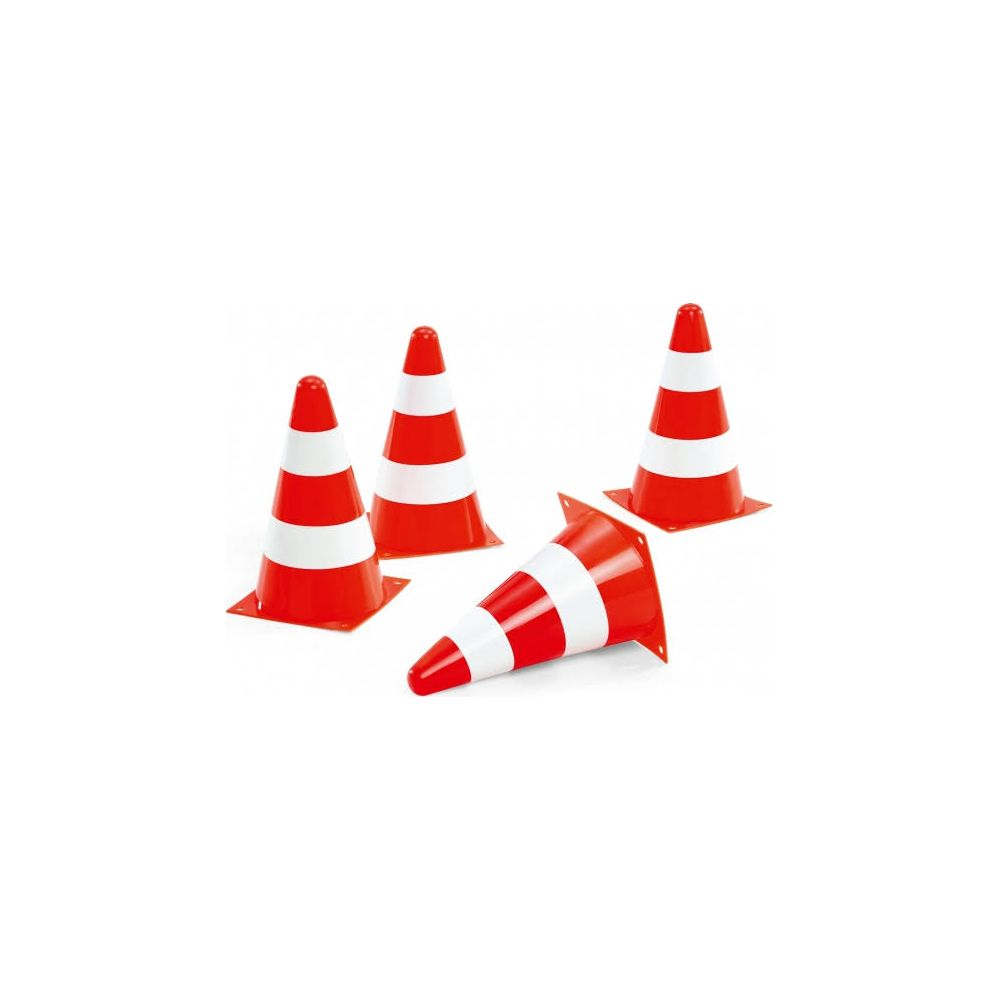 Vier orangefarbene Verkehrskegel mit weißen Streifen auf weißem Hintergrund.