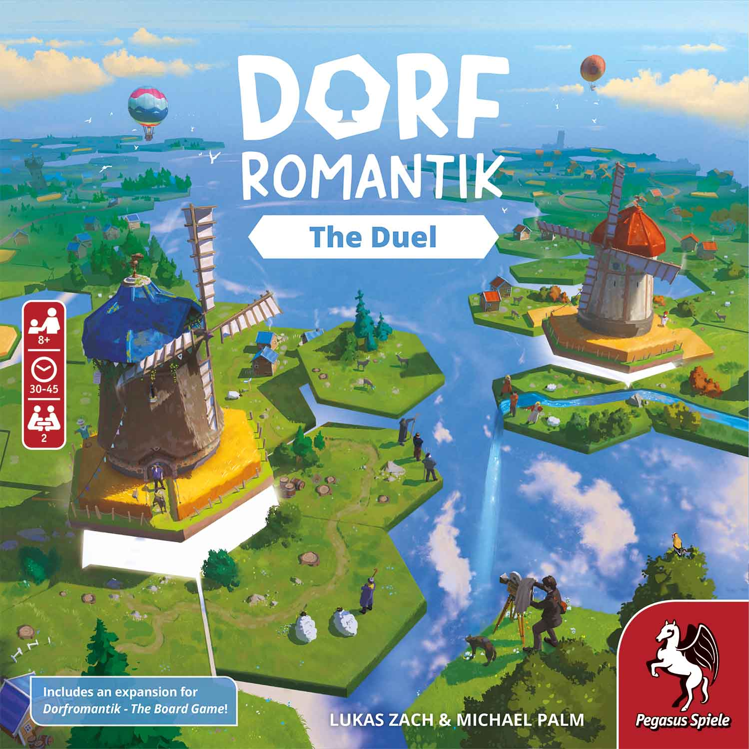 Brettspiel-Box mit zwei Windmühlen, Spielfiguren und Landschaft auf Hex-Feldern.