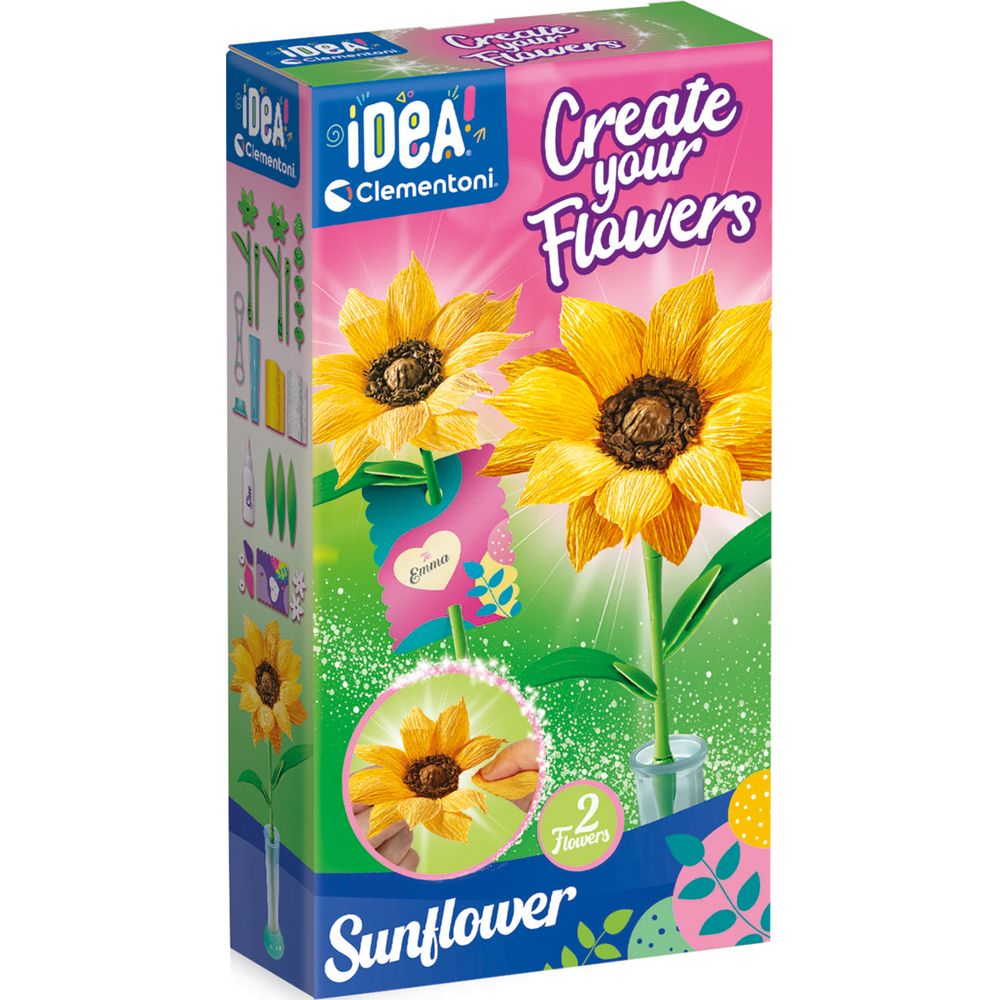 Scatola di un kit creativo per realizzare girasoli, con due fiori finiti.