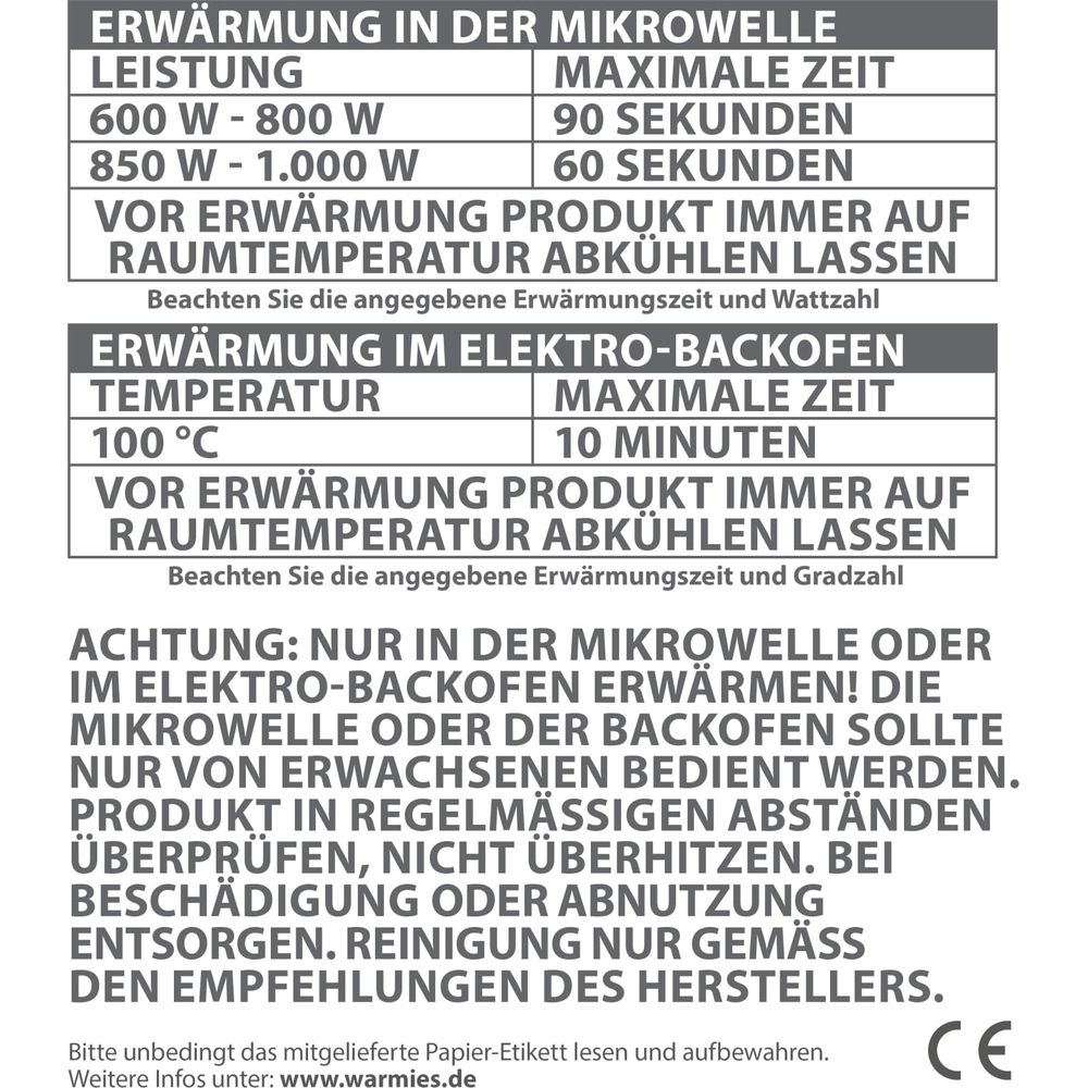 Anleitung für Mikrowelle und Backofen. Produkt vor Gebrauch abkühlen lassen.