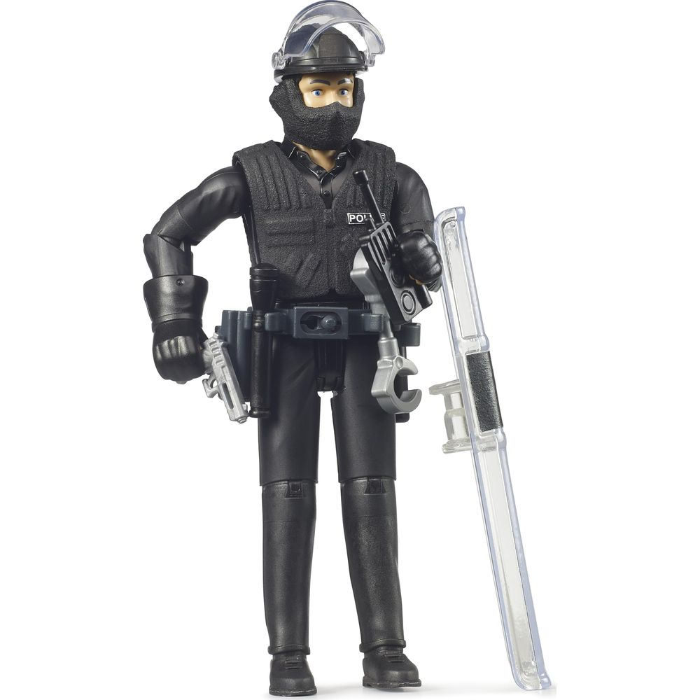Actionfigur eines Polizisten in Schwarz mit Helm, Visier, Weste und Schild.