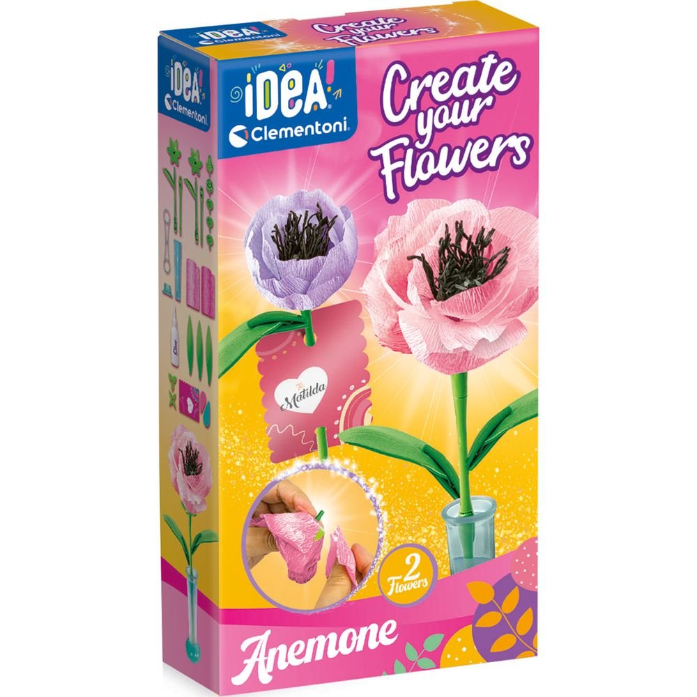 Scatola per un kit di artigianato per creare fiori di anemone con attrezzi e materiali.