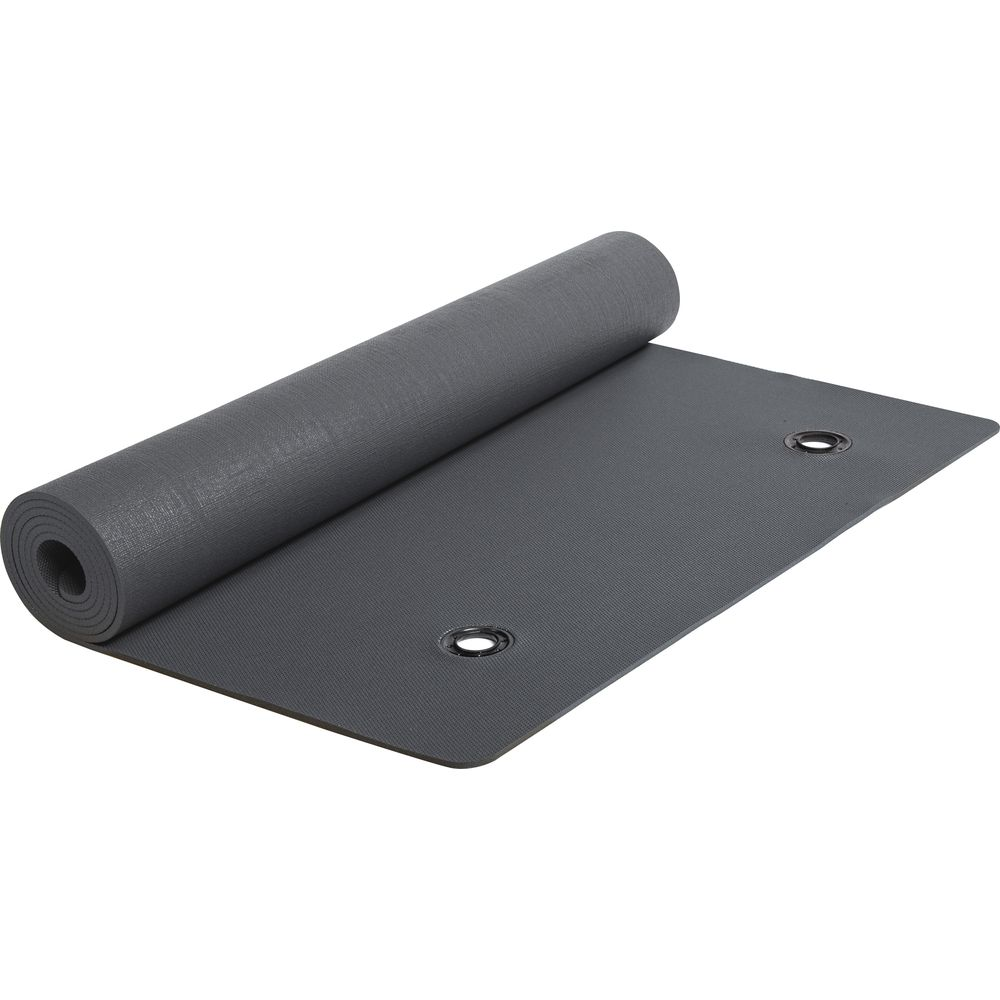 Un tapis de yoga gris avec deux œillets, partiellement roulé.