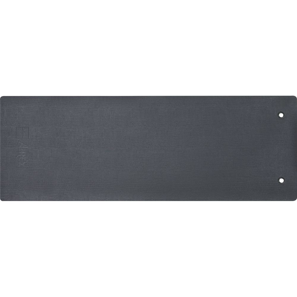 Tapis de yoga gris foncé avec deux trous en haut à droite.